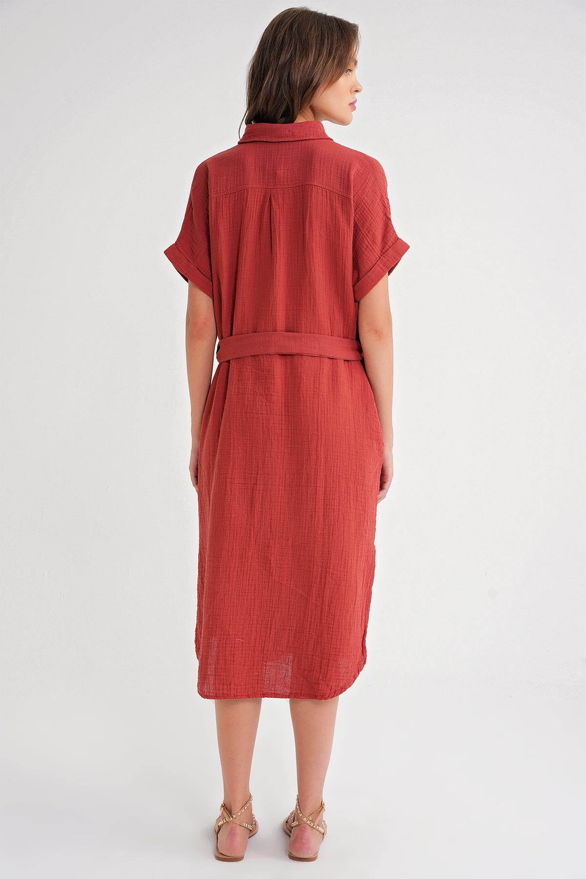 4720 Kadın Pile Detaylı Bağlamalı V Yaka Elbise Kiremit