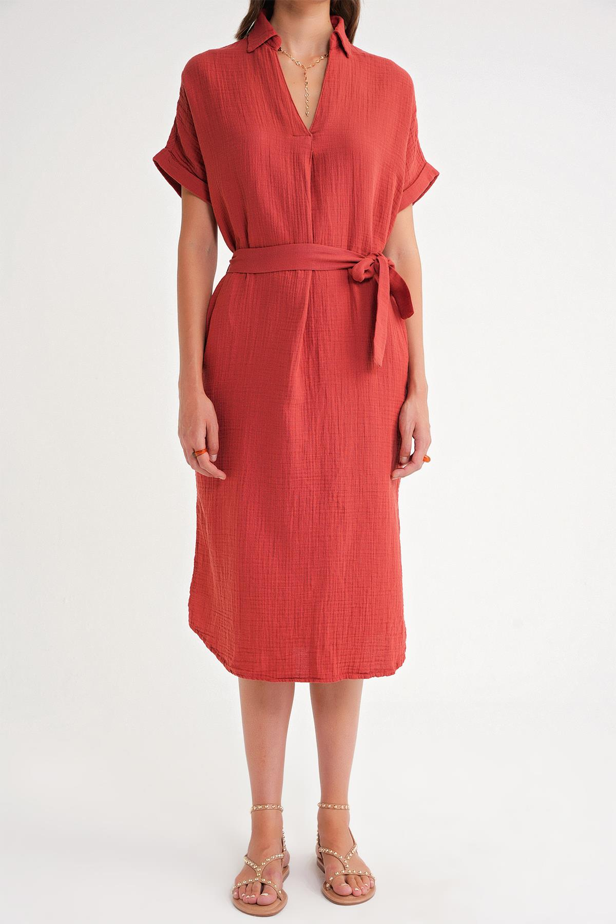 4720 Kadın Pile Detaylı Bağlamalı V Yaka Elbise Kiremit