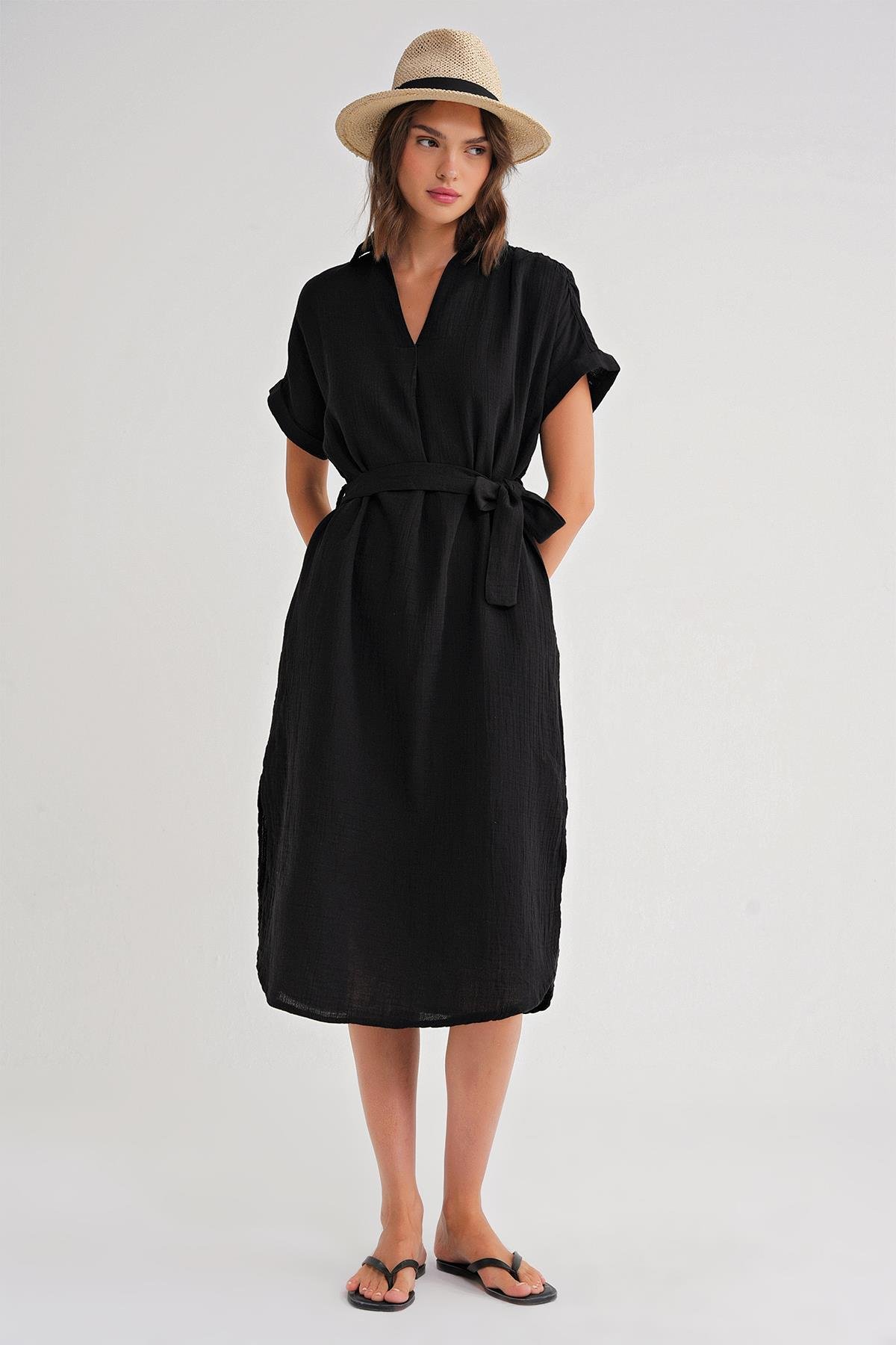 4720 Kadın Pile Detaylı Bağlamalı V Yaka Elbise Siyah