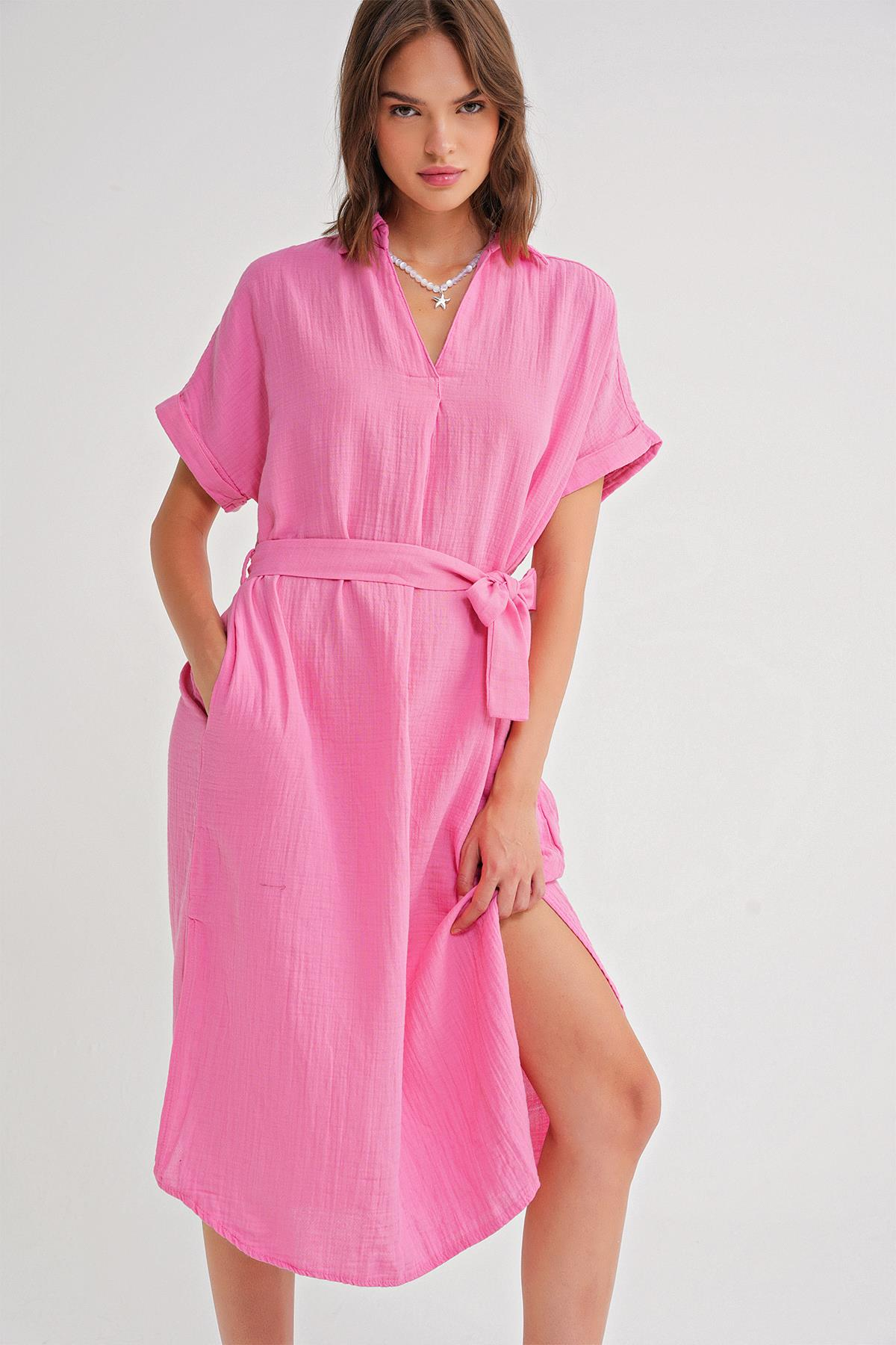 4720 Kadın Pile Detaylı Bağlamalı V Yaka Elbise Pembe