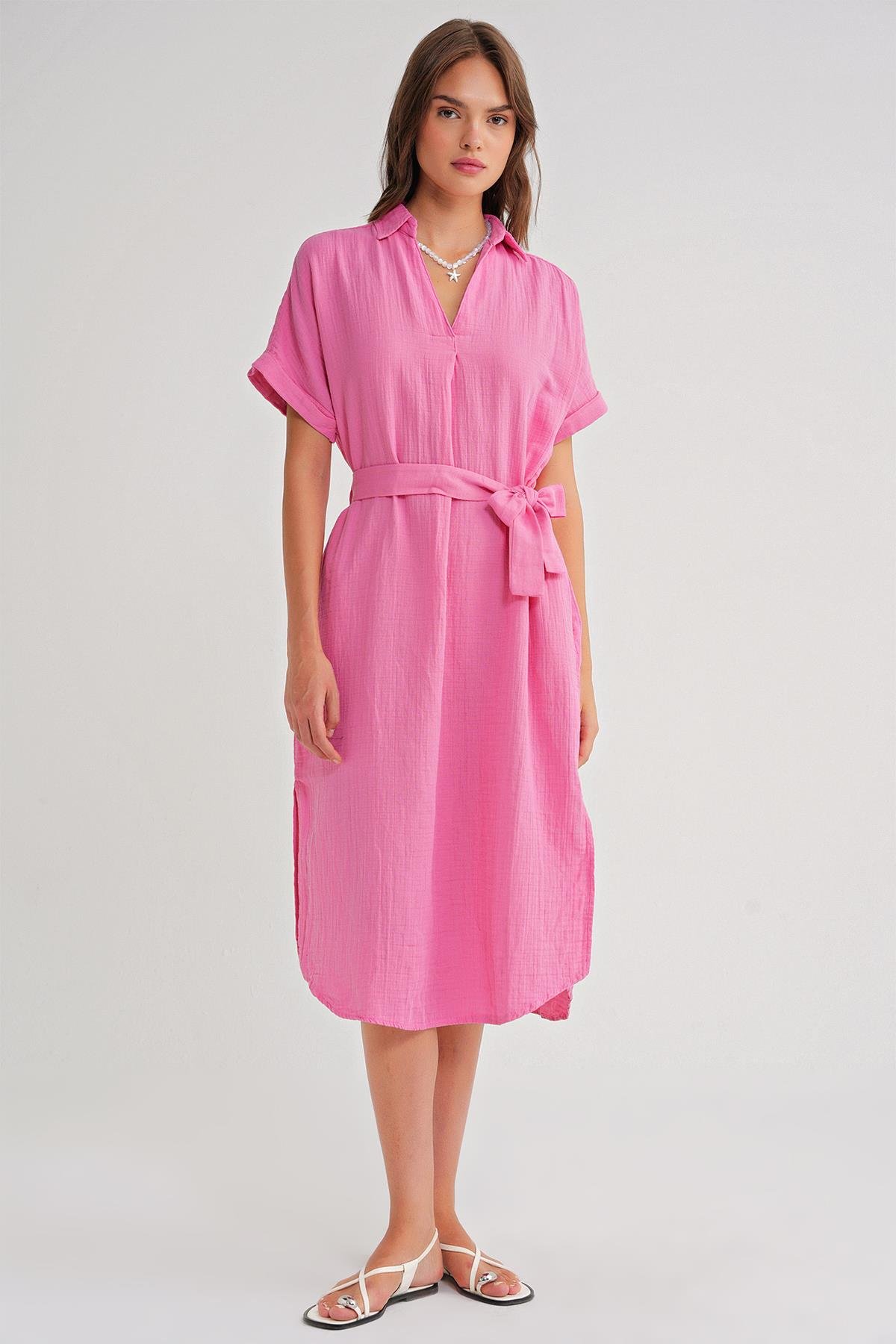 4720 Kadın Pile Detaylı Bağlamalı V Yaka Elbise Pembe