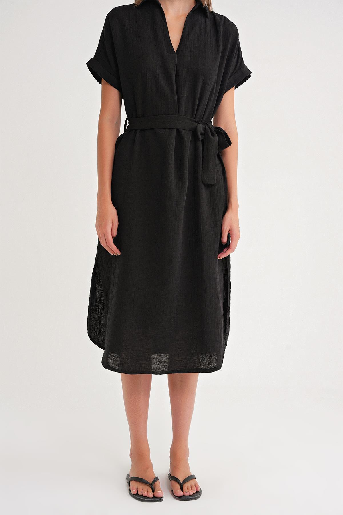 4720 Kadın Pile Detaylı Bağlamalı V Yaka Elbise Siyah