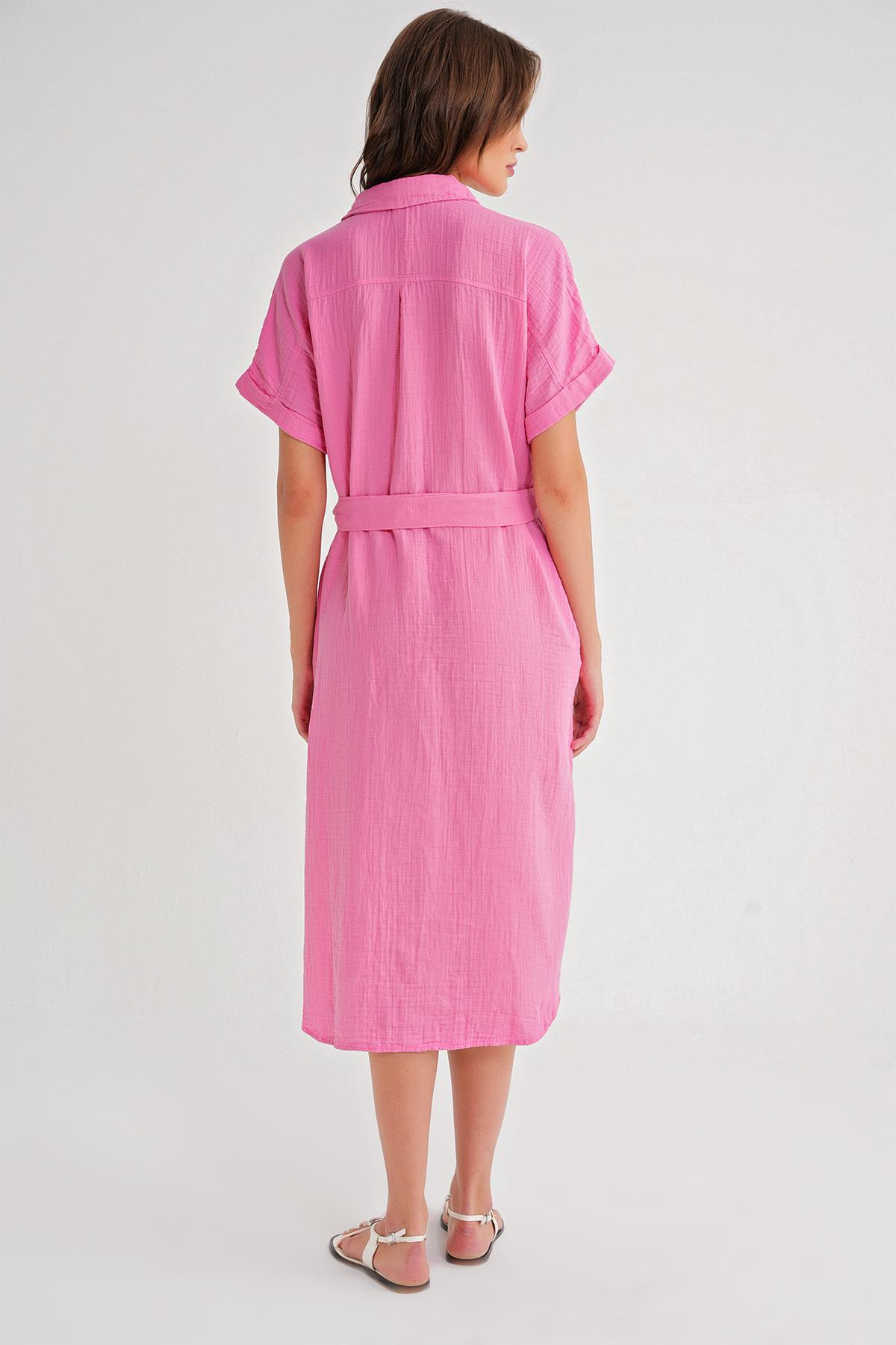 4720 Kadın Pile Detaylı Bağlamalı V Yaka Elbise Pembe