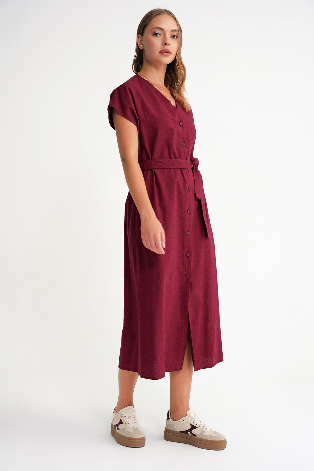 4721 Kadın V Yaka Düğme Detaylı Elbise Bordo