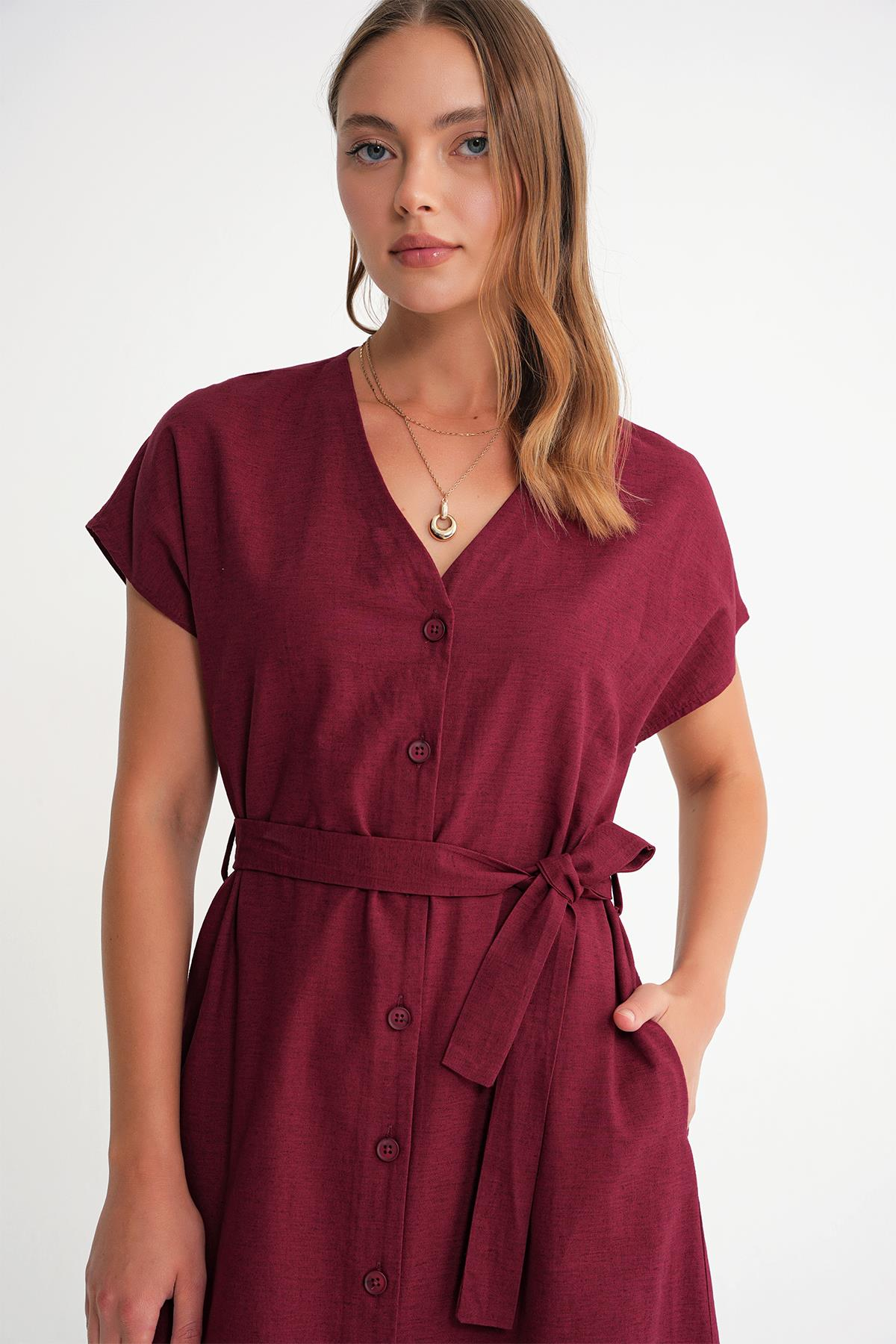 4721 Kadın V Yaka Düğme Detaylı Elbise Bordo