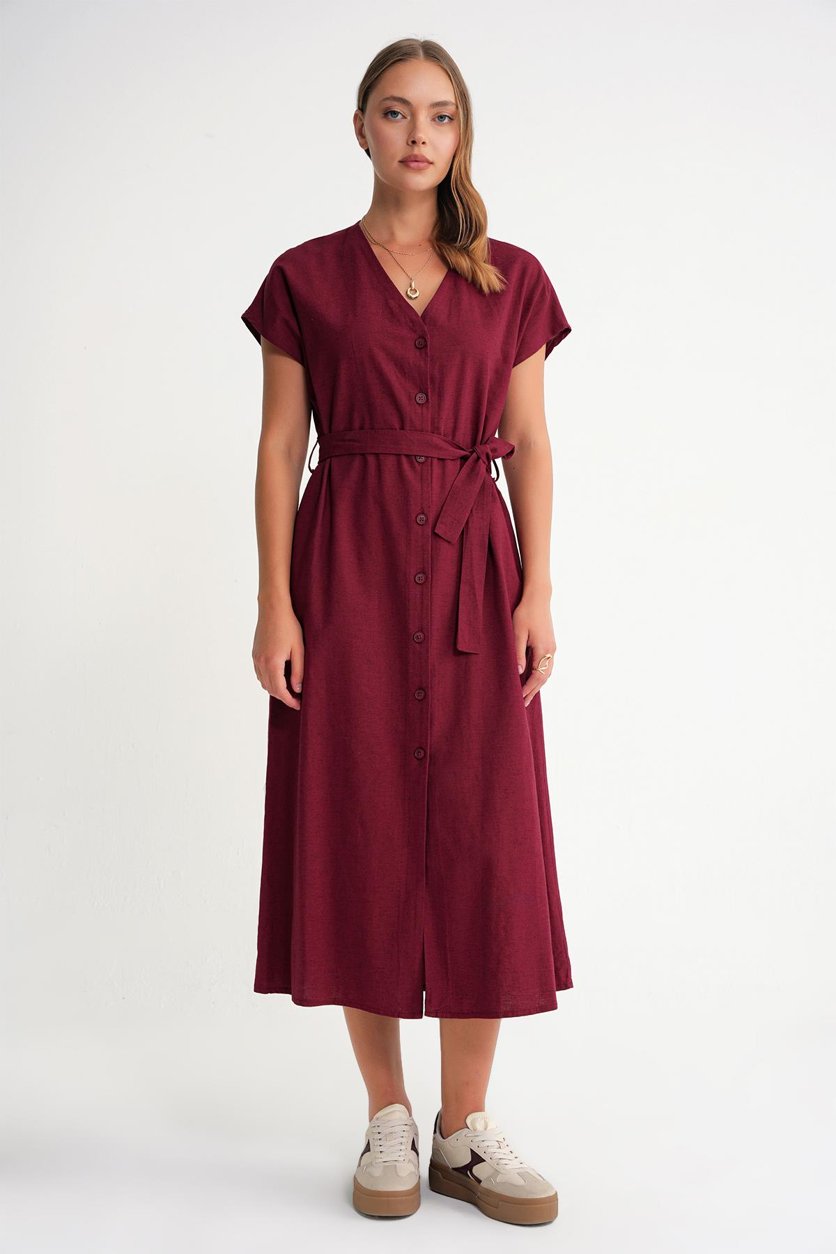 4721 Kadın V Yaka Düğme Detaylı Elbise Bordo