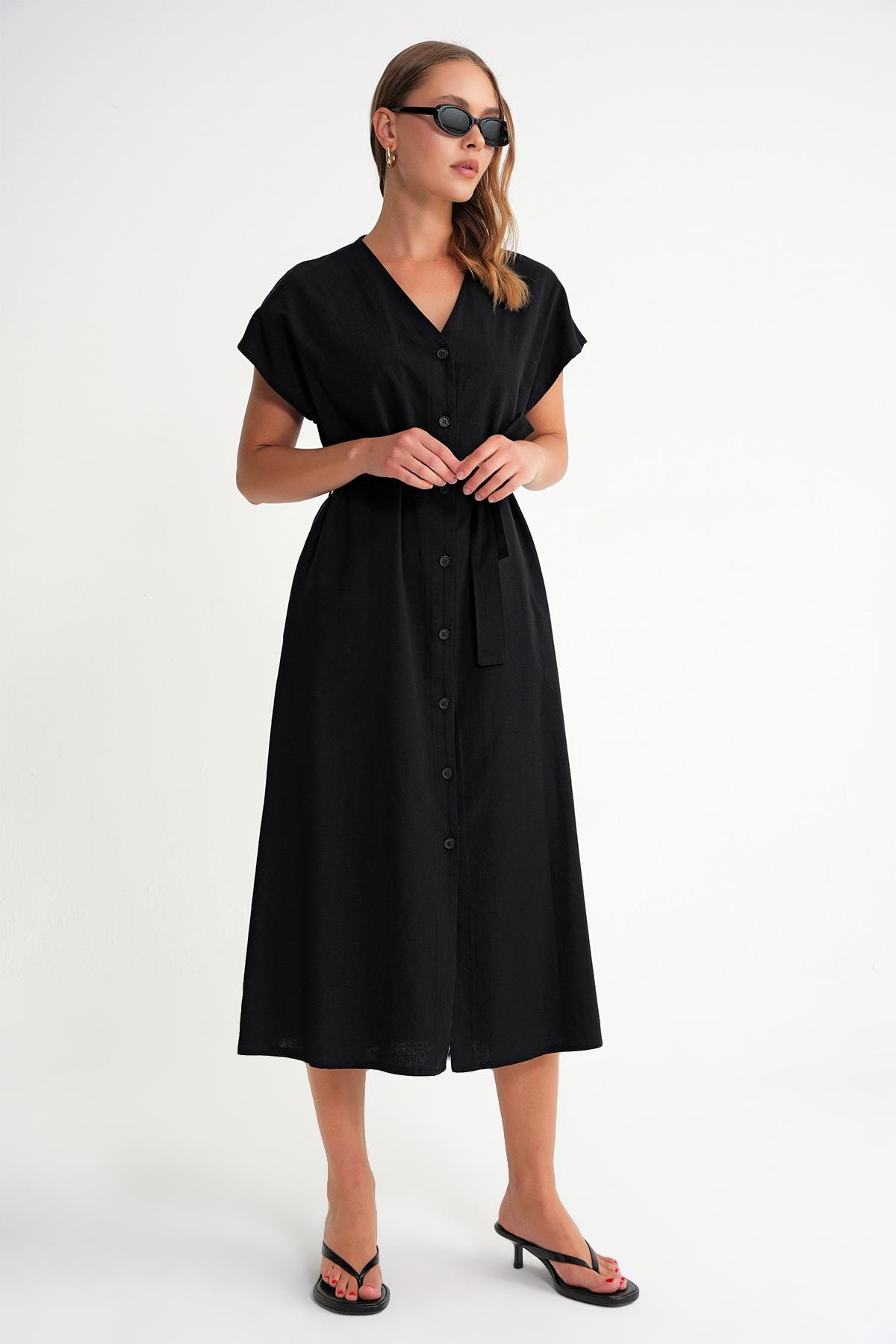 4721 Kadın V Yaka Düğme Detaylı Elbise Siyah