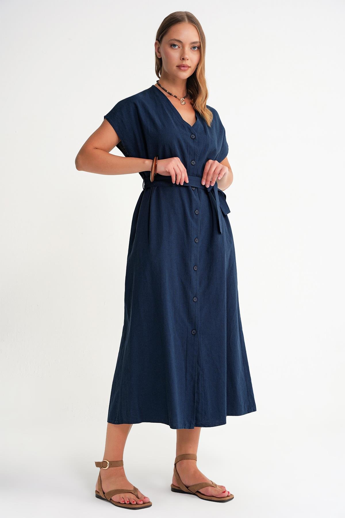 4721 Kadın V Yaka Düğme Detaylı Elbise Lacivert