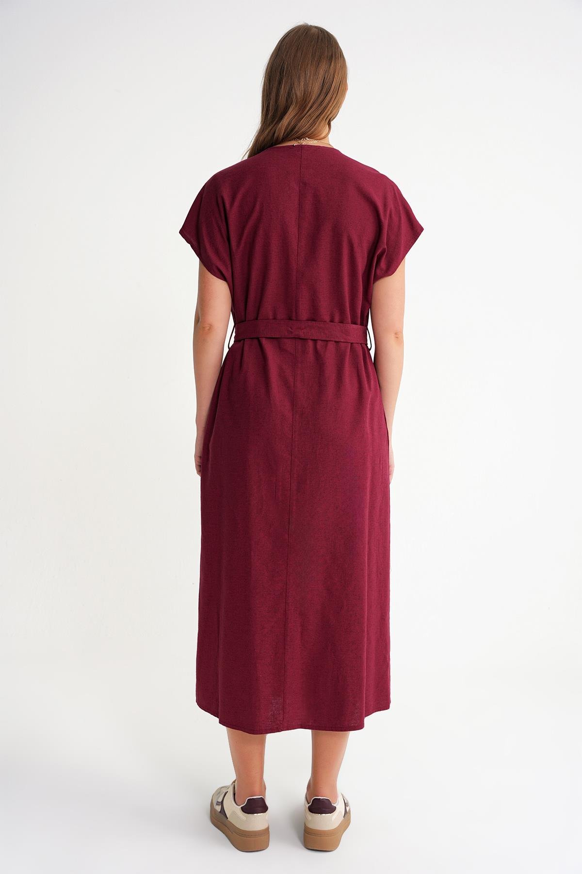 4721 Kadın V Yaka Düğme Detaylı Elbise Bordo
