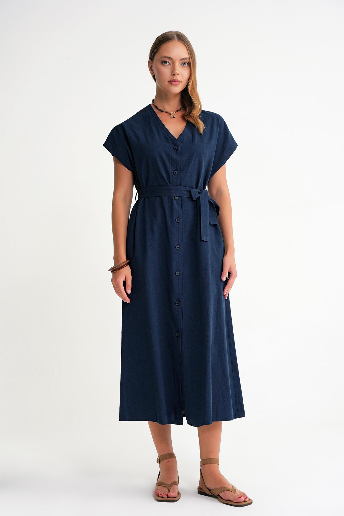 4721 Kadın V Yaka Düğme Detaylı Elbise Lacivert