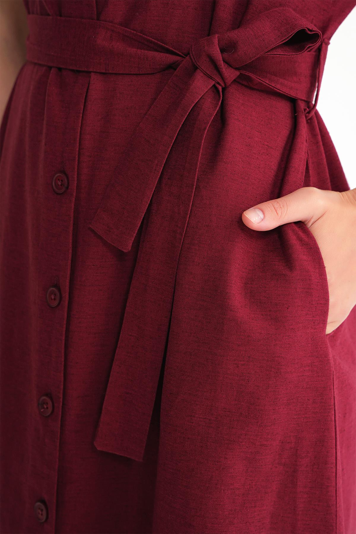 4721 Kadın V Yaka Düğme Detaylı Elbise Bordo