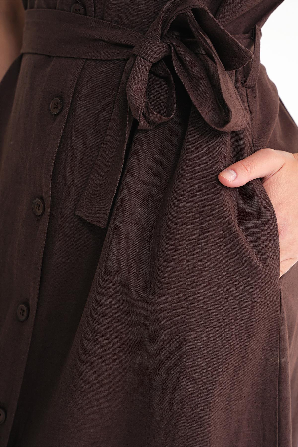 4721 Kadın V Yaka Düğme Detaylı Elbise Kahve