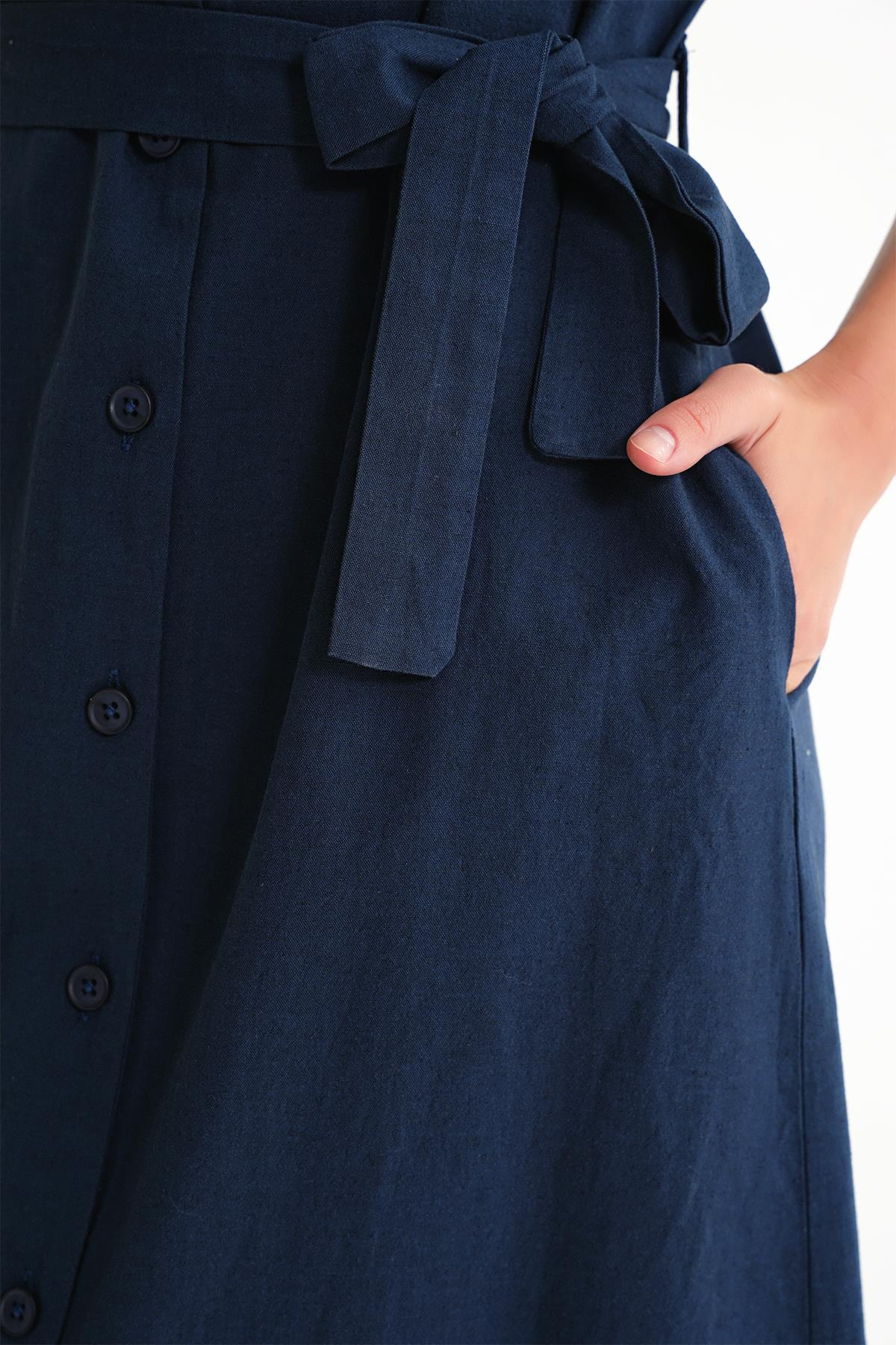 4721 Kadın V Yaka Düğme Detaylı Elbise Lacivert