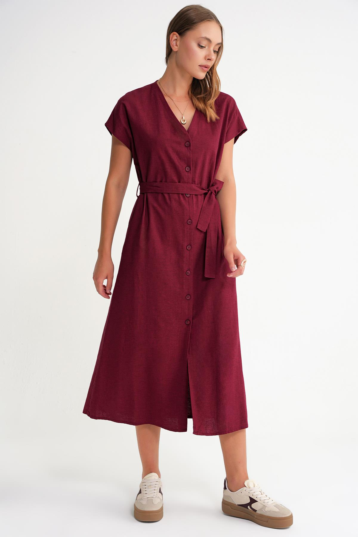 4721 Kadın V Yaka Düğme Detaylı Elbise Bordo