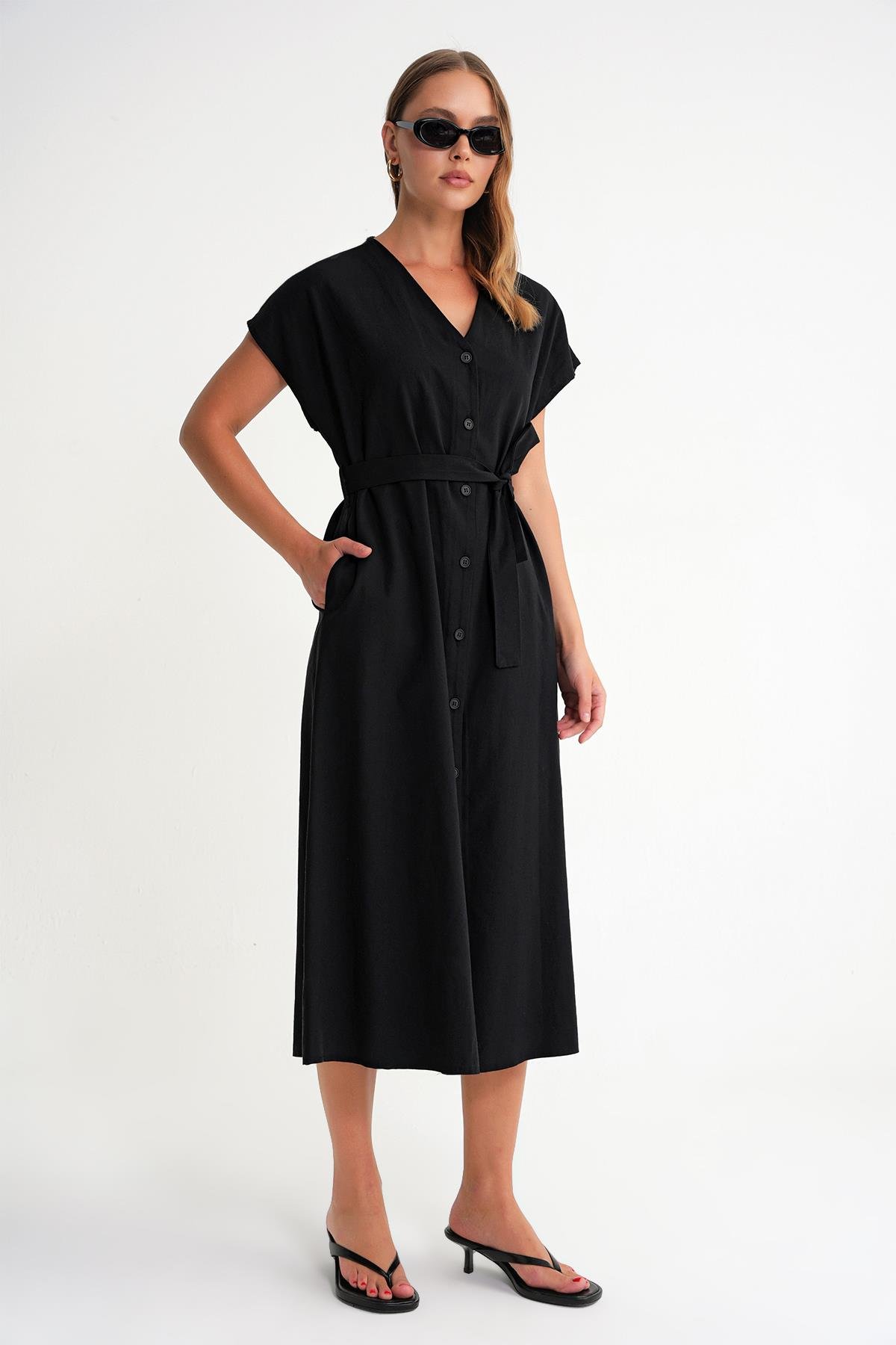 4721 Kadın V Yaka Düğme Detaylı Elbise Siyah