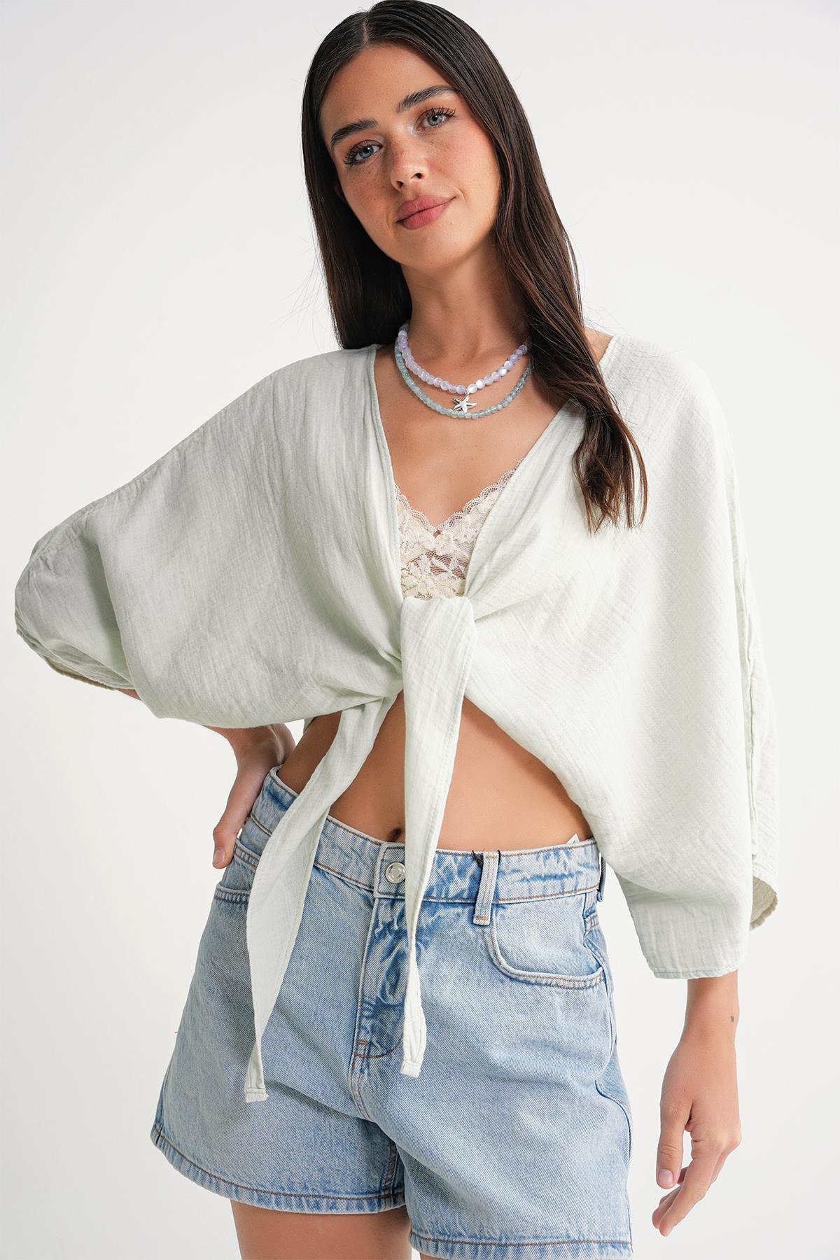 4723 Kadın Önü Bağlamalı Bolero Bluz Adaçayı