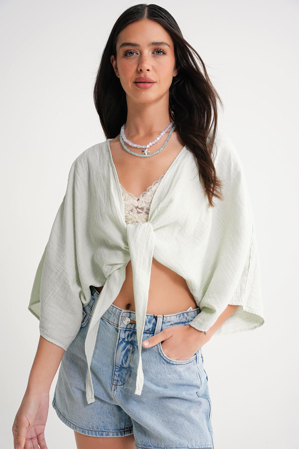 4723 Kadın Önü Bağlamalı Bolero Bluz Adaçayı