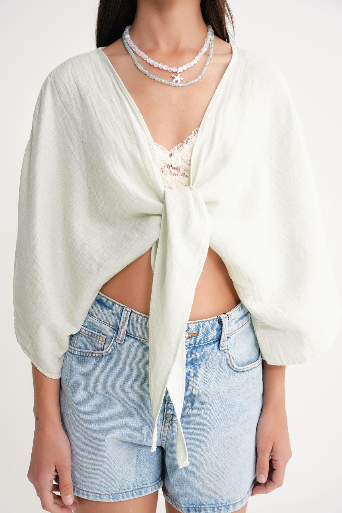 4723 Kadın Önü Bağlamalı Bolero Bluz Adaçayı