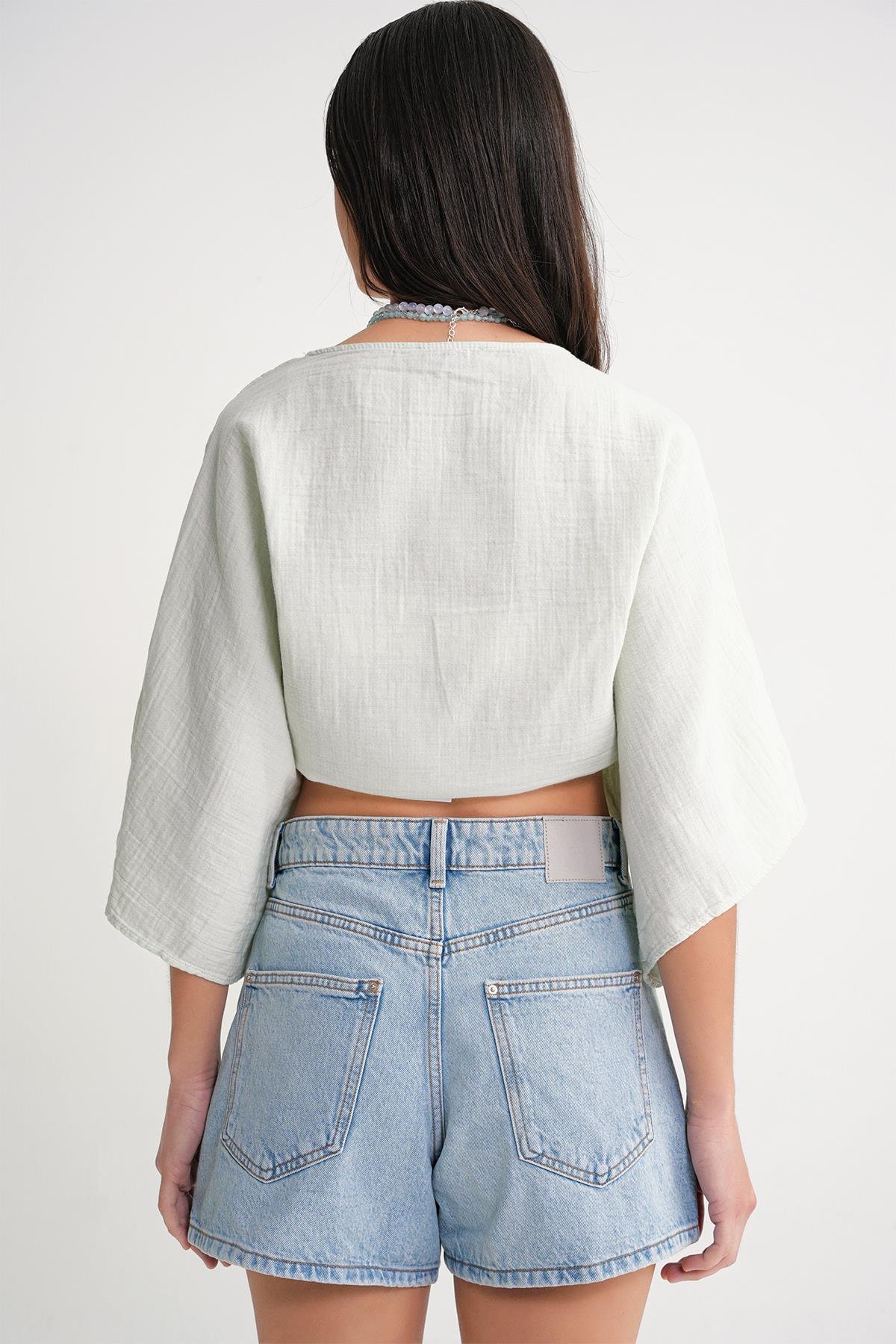 4723 Kadın Önü Bağlamalı Bolero Bluz Adaçayı