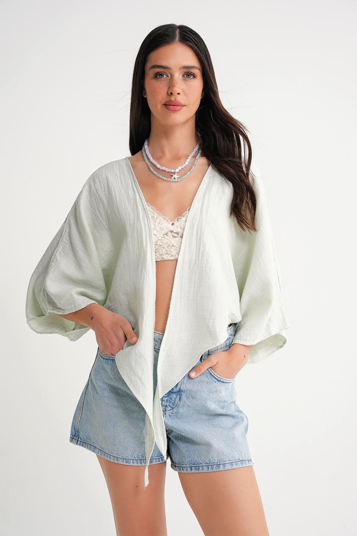 4723 Kadın Önü Bağlamalı Bolero Bluz Adaçayı