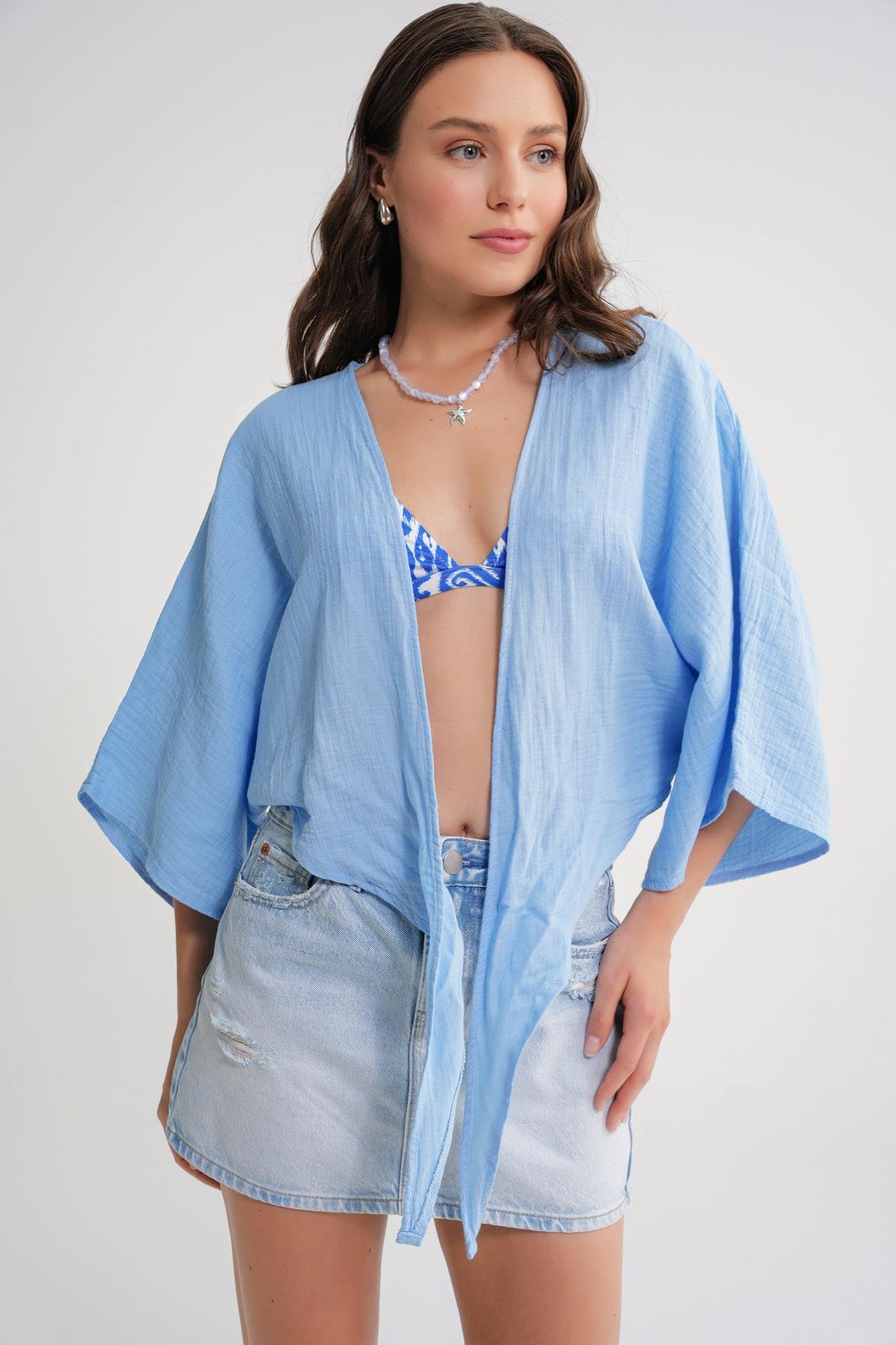 4723 Kadın Önü Bağlamalı Bolero Bluz Bebe Mavi