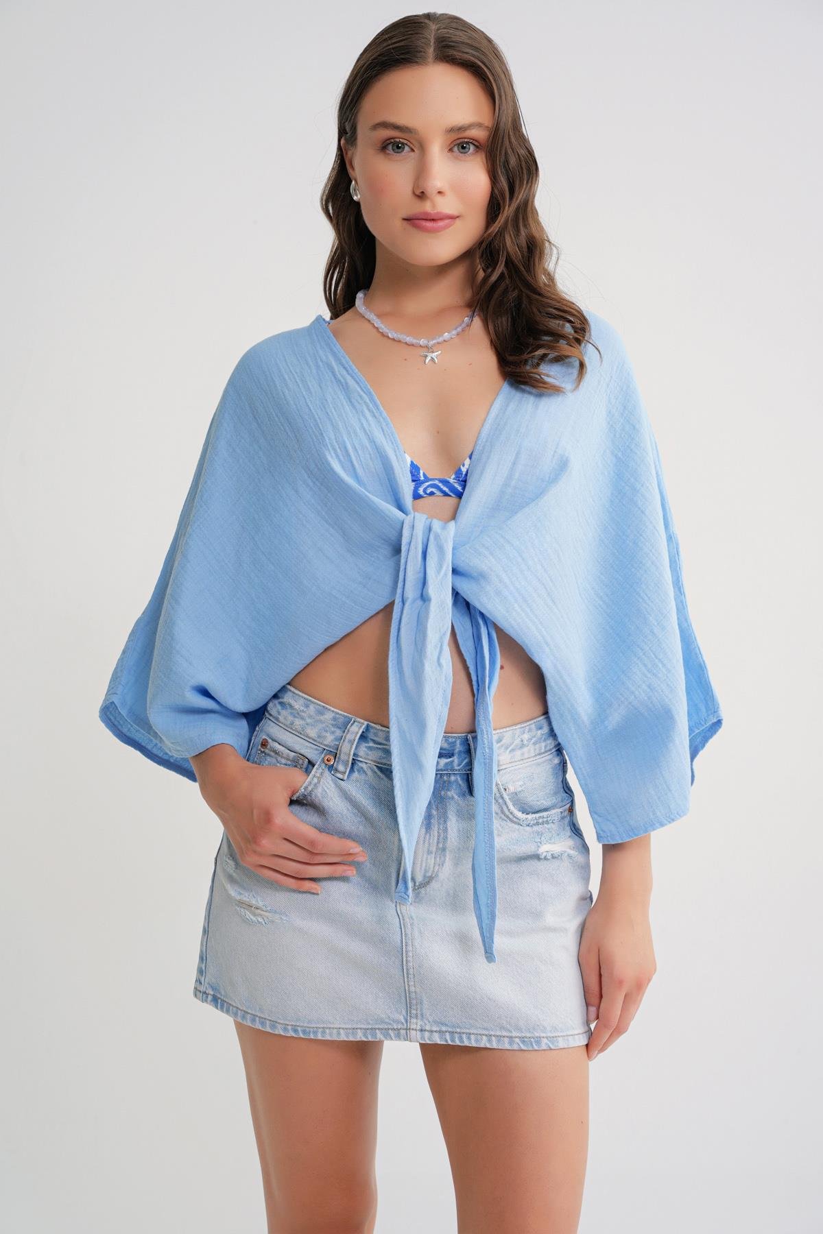 4723 Kadın Önü Bağlamalı Bolero Bluz Bebe Mavi