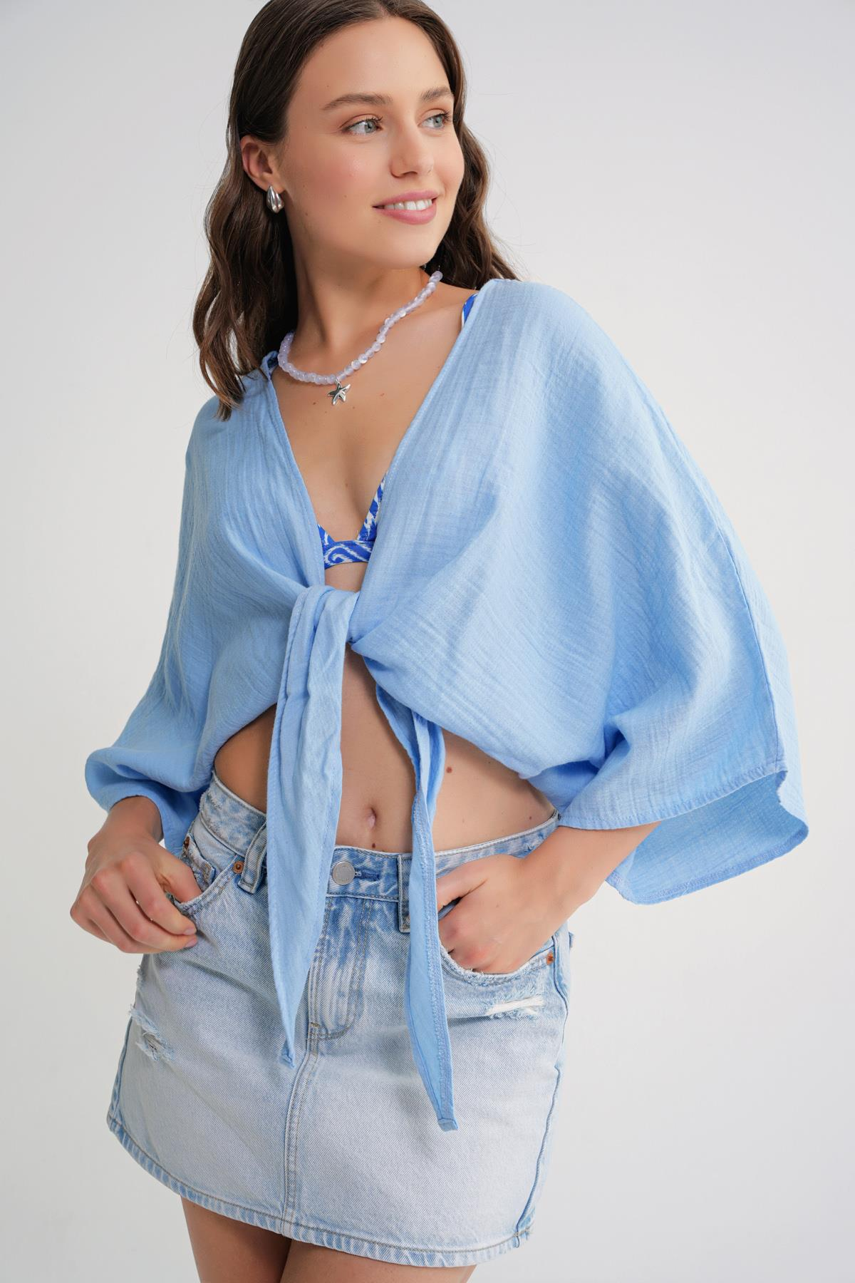4723 Kadın Önü Bağlamalı Bolero Bluz Bebe Mavi