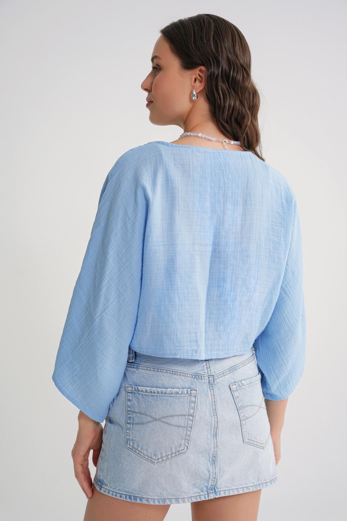 4723 Kadın Önü Bağlamalı Bolero Bluz Bebe Mavi