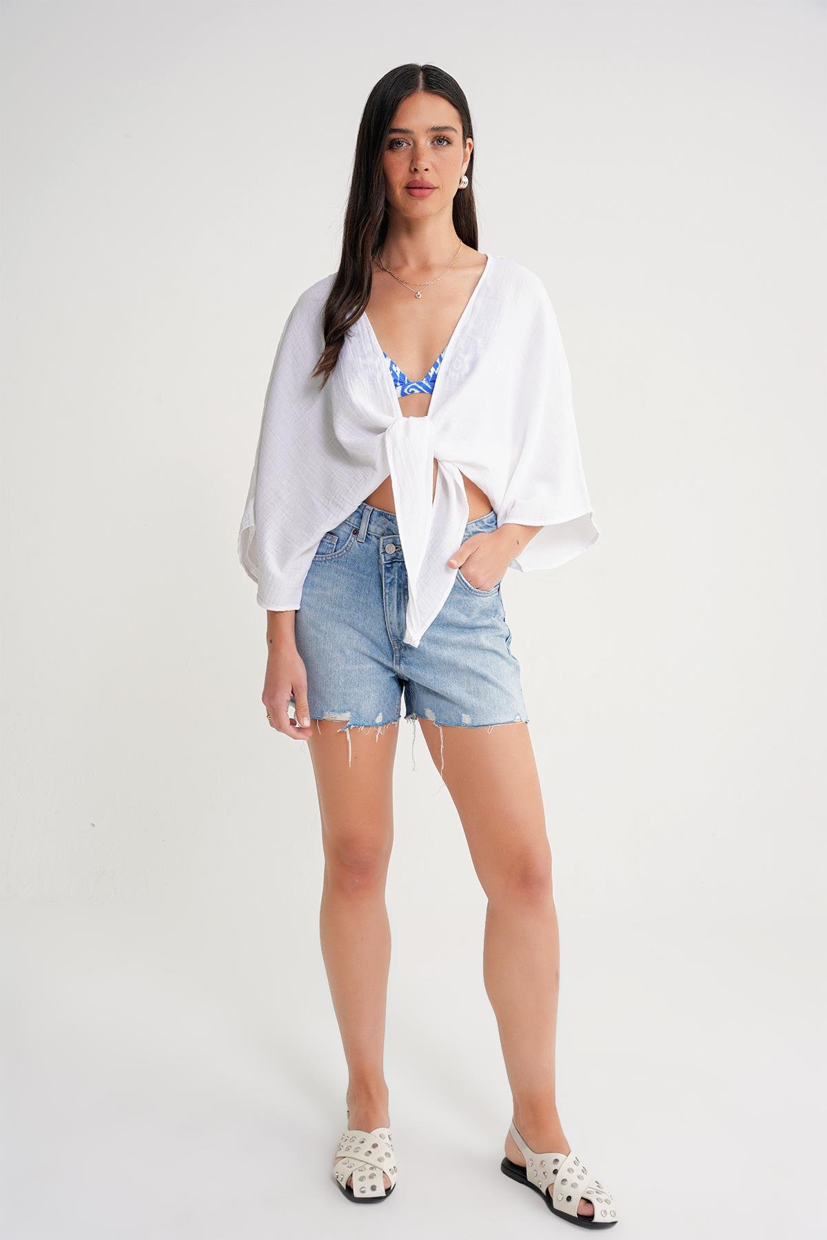 4723 Kadın Önü Bağlamalı Bolero Bluz Ekru