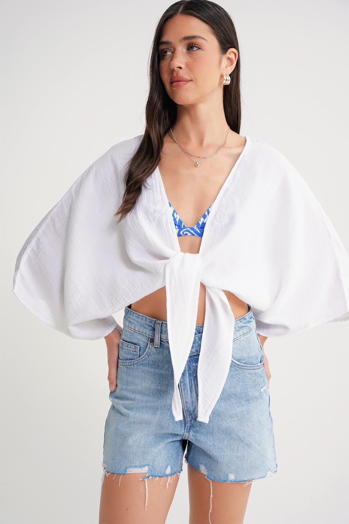 4723 Kadın Önü Bağlamalı Bolero Bluz Ekru