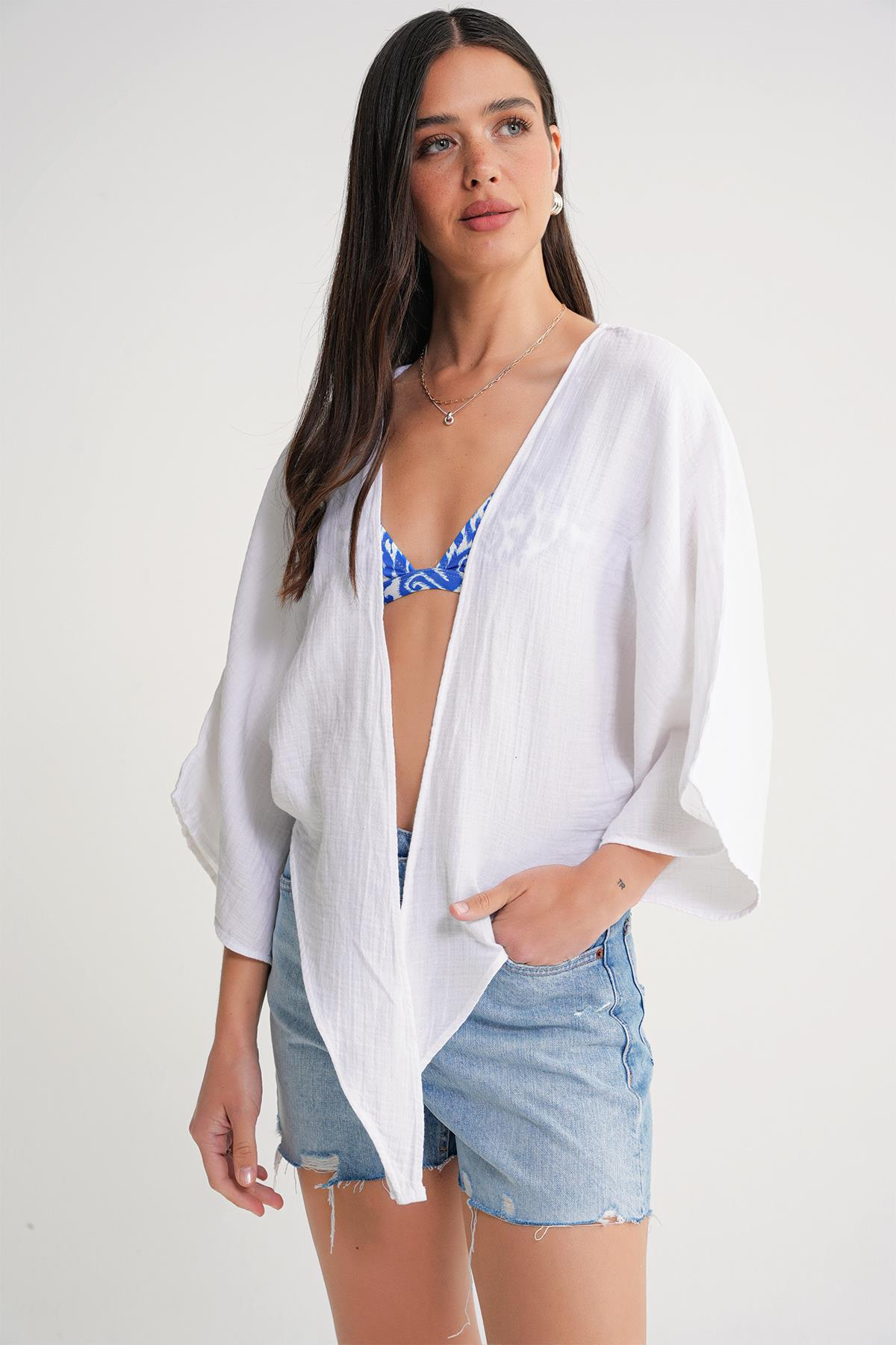 4723 Kadın Önü Bağlamalı Bolero Bluz Ekru