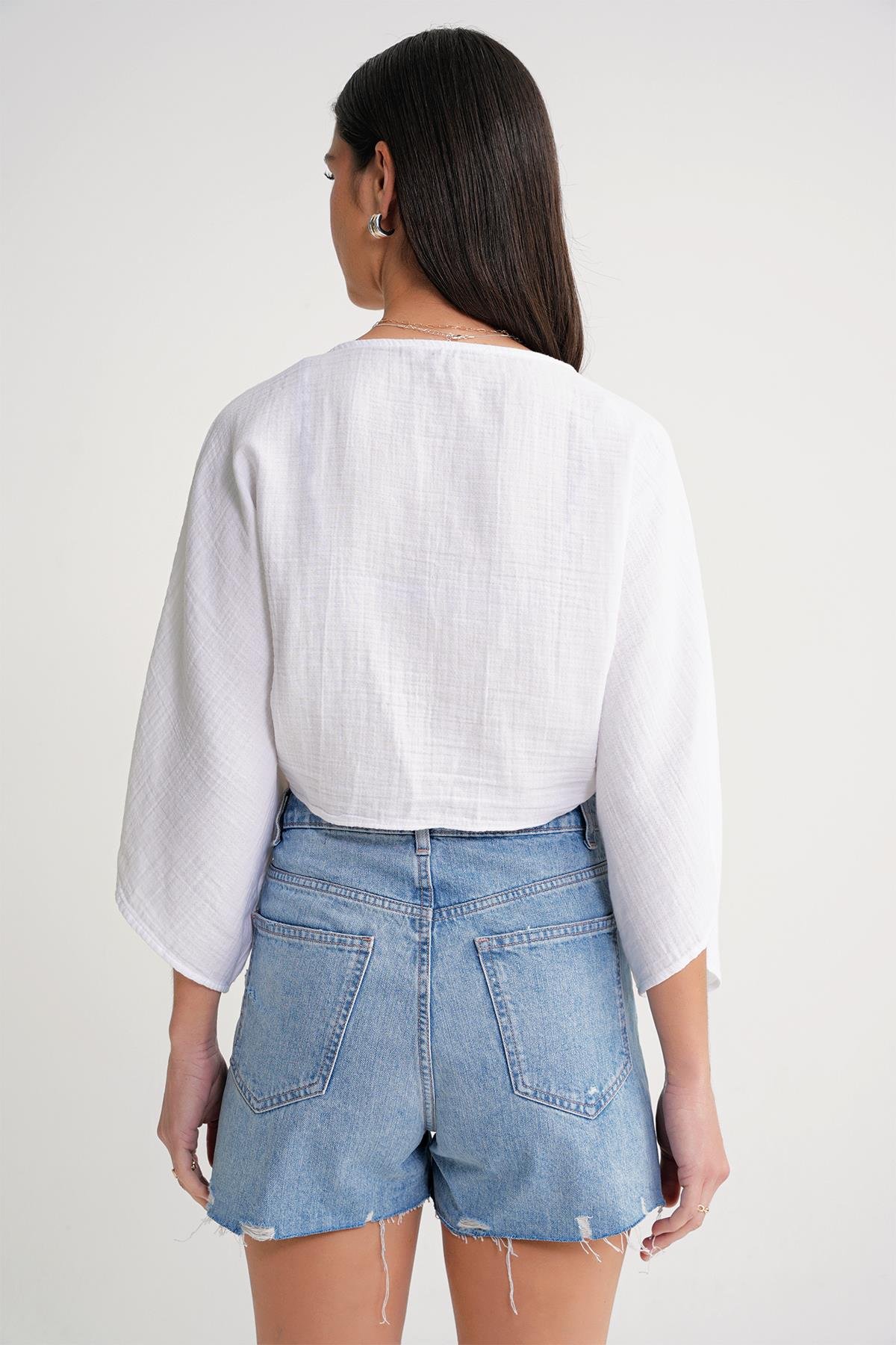 4723 Kadın Önü Bağlamalı Bolero Bluz Ekru