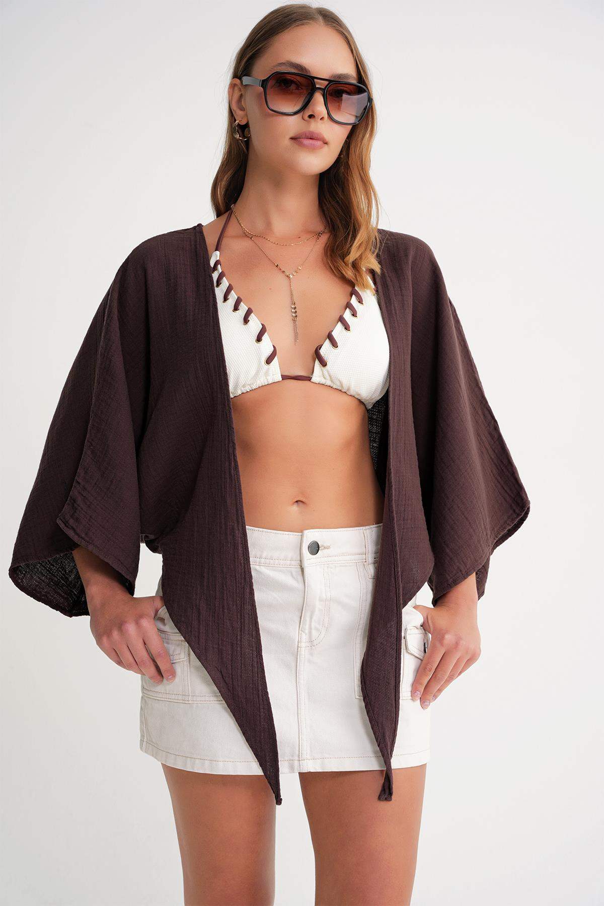 4723 Kadın Önü Bağlamalı Bolero Bluz Kahve