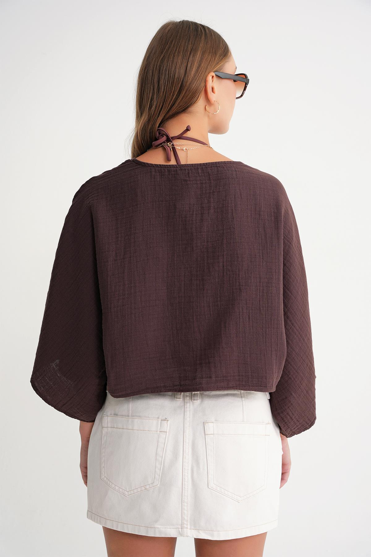 4723 Kadın Önü Bağlamalı Bolero Bluz Kahve