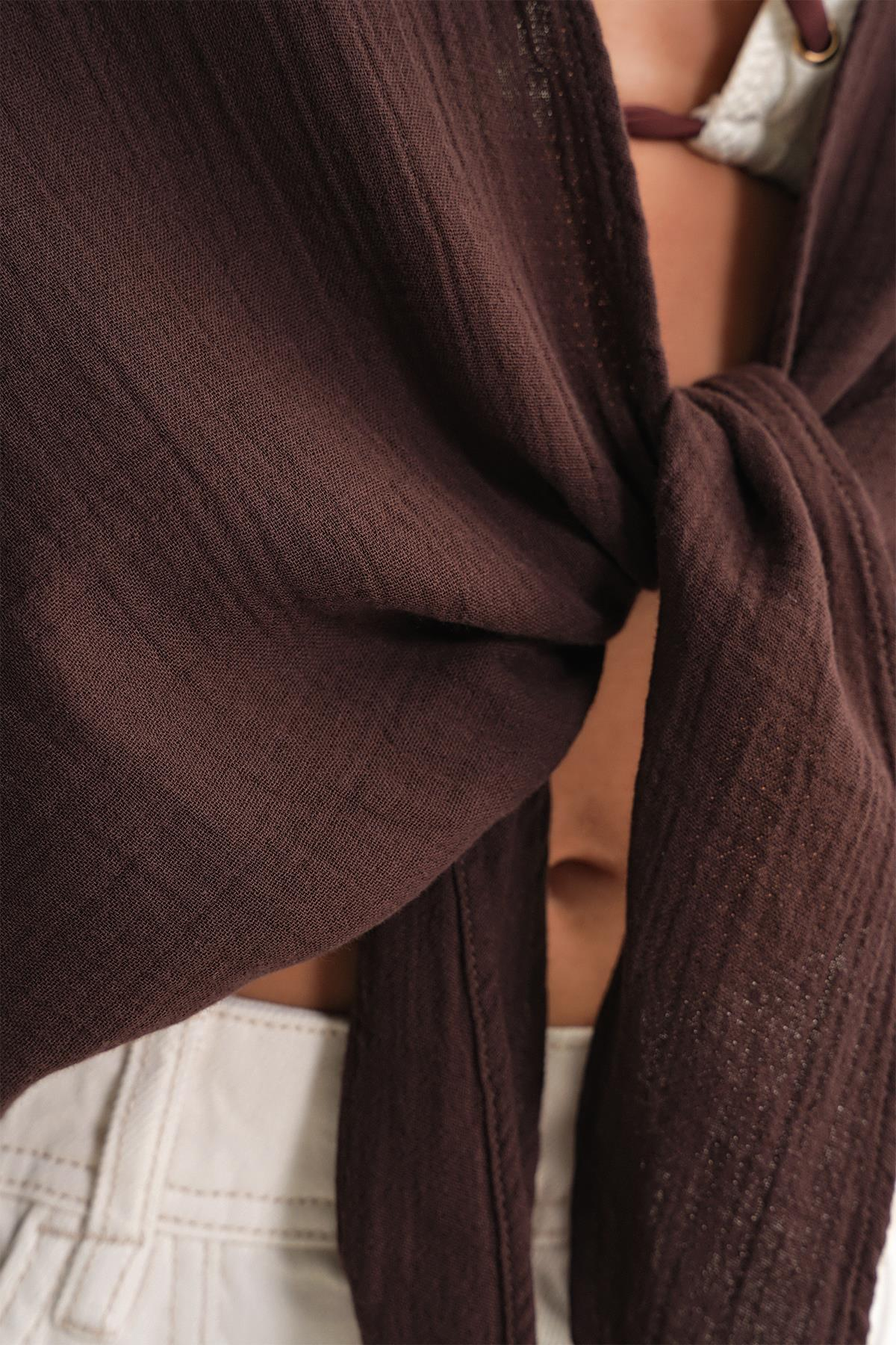 4723 Kadın Önü Bağlamalı Bolero Bluz Kahve