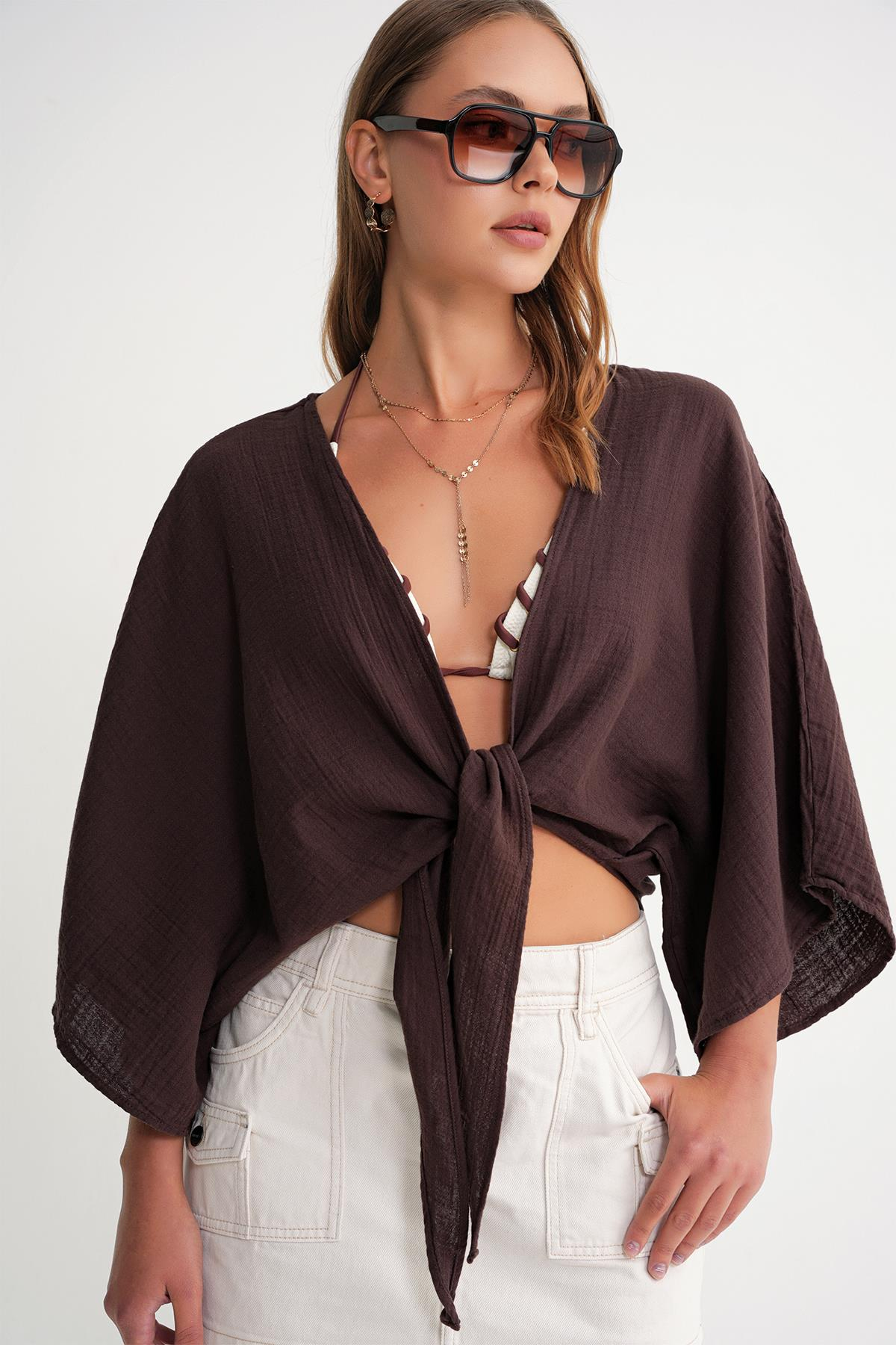 4723 Kadın Önü Bağlamalı Bolero Bluz Kahve