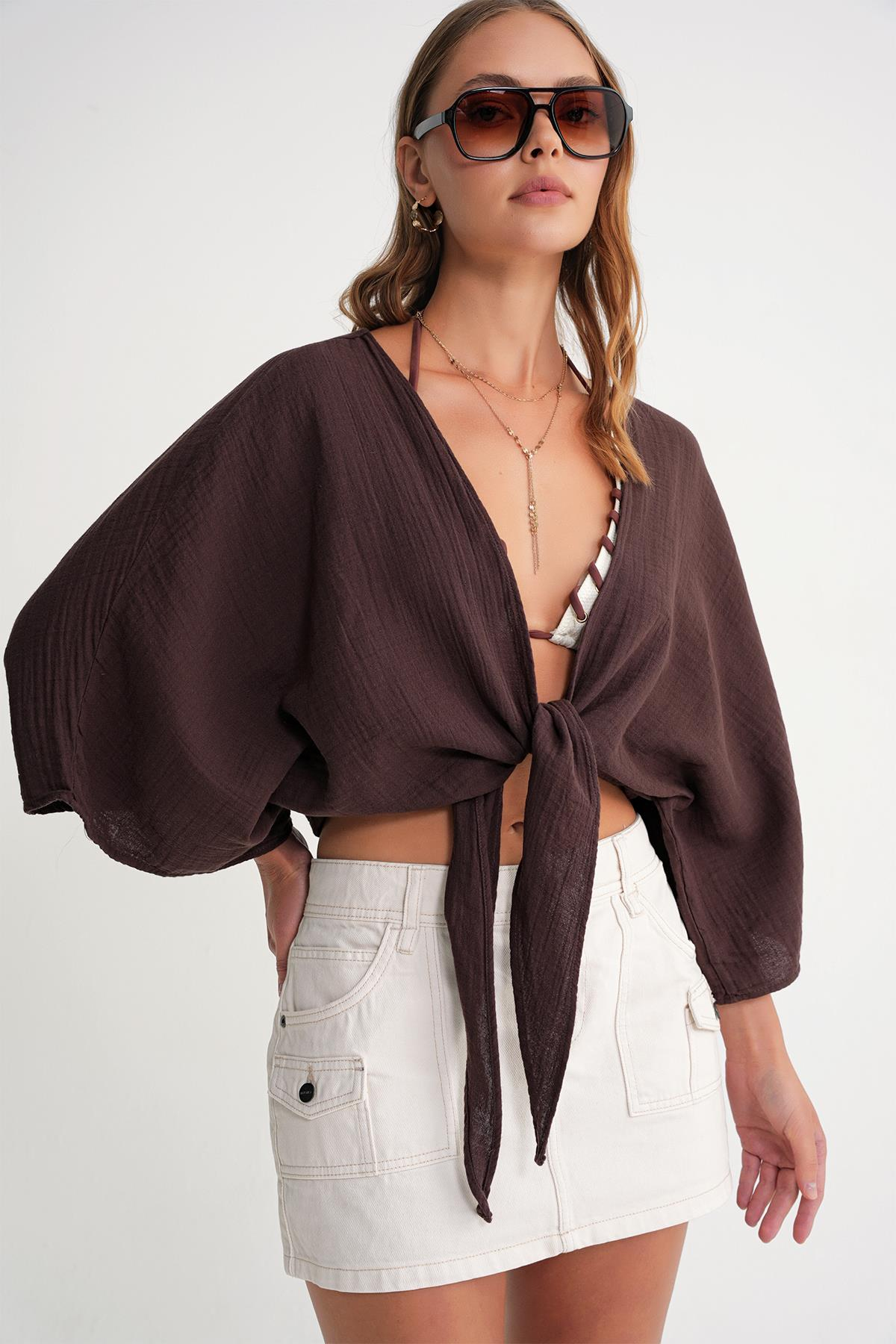 4723 Kadın Önü Bağlamalı Bolero Bluz Kahve