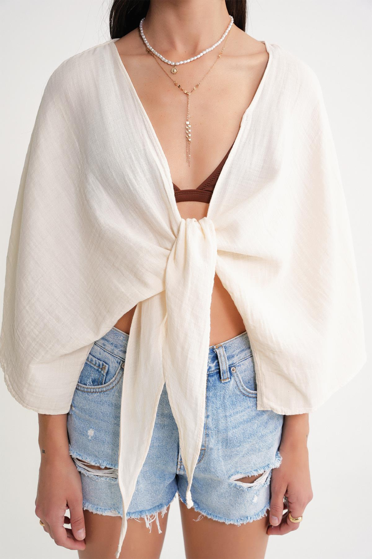 4723 Kadın Önü Bağlamalı Bolero Bluz Naturel