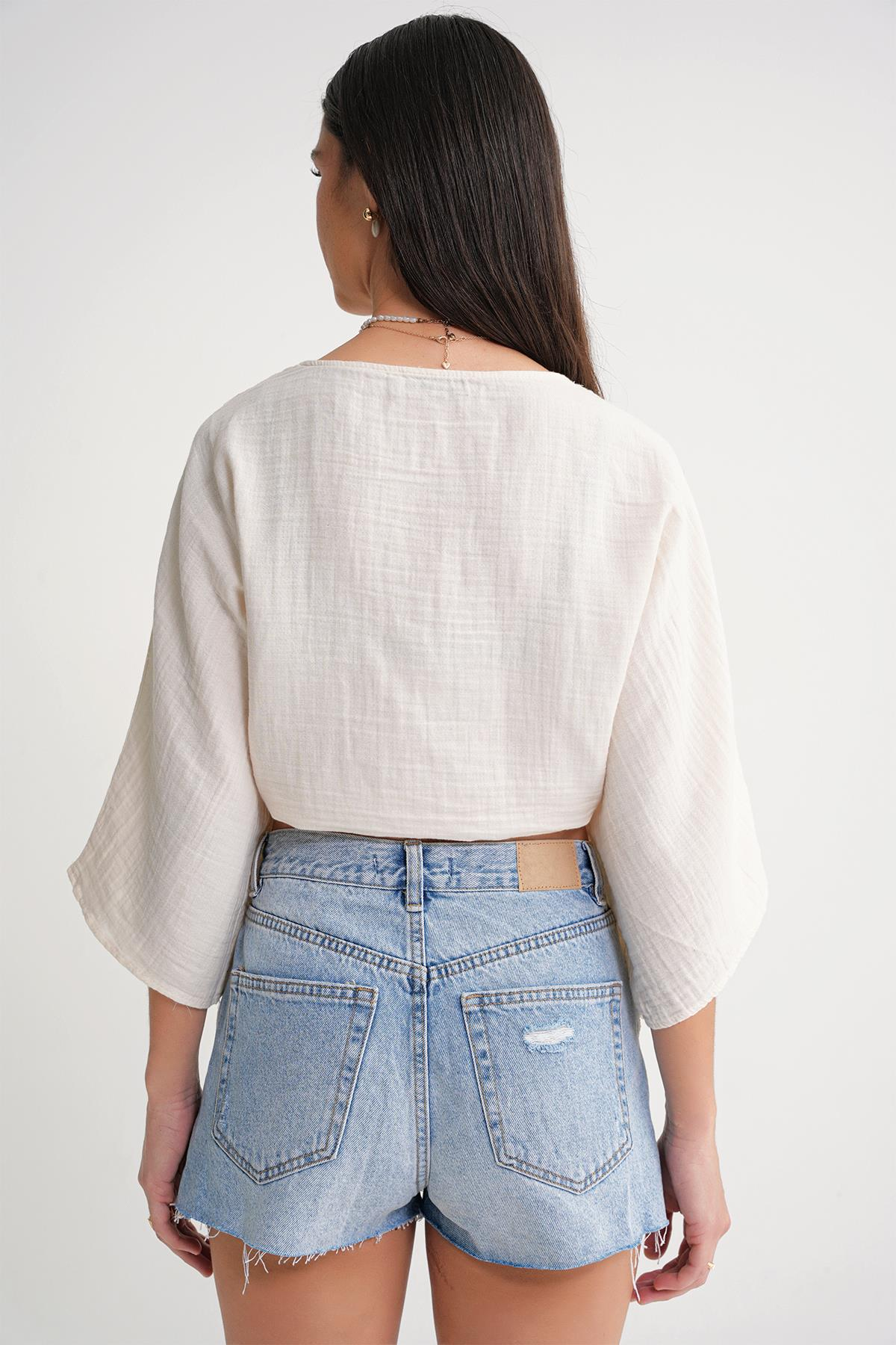 4723 Kadın Önü Bağlamalı Bolero Bluz Naturel