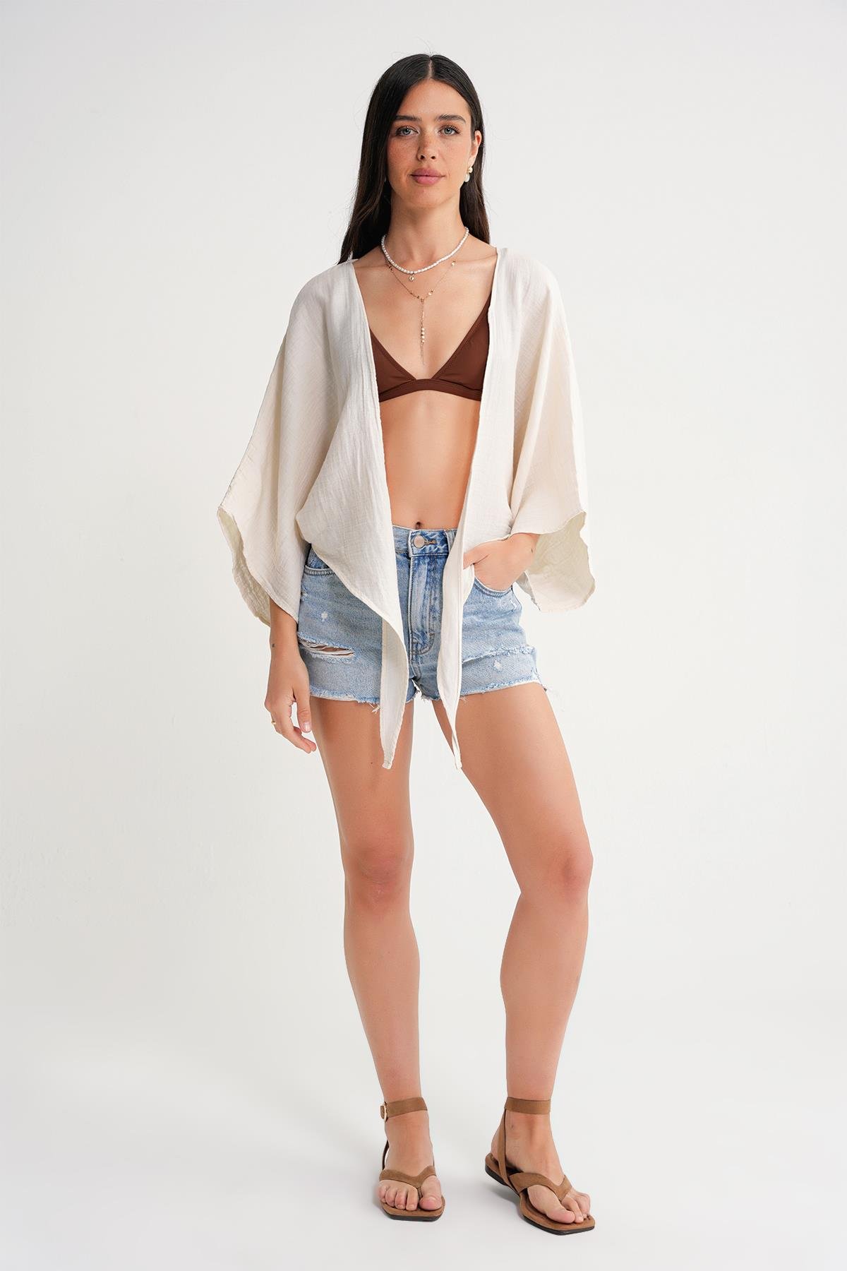 4723 Kadın Önü Bağlamalı Bolero Bluz Naturel