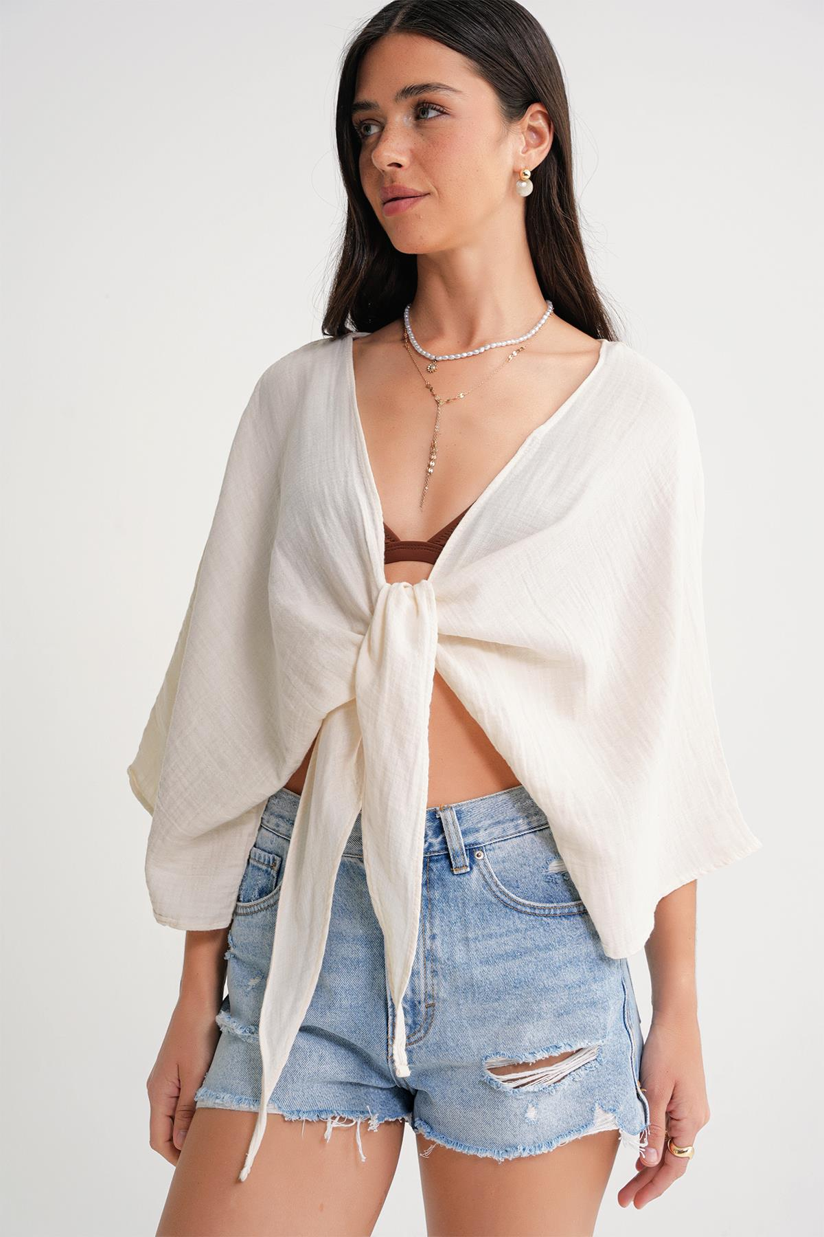 4723 Kadın Önü Bağlamalı Bolero Bluz Naturel