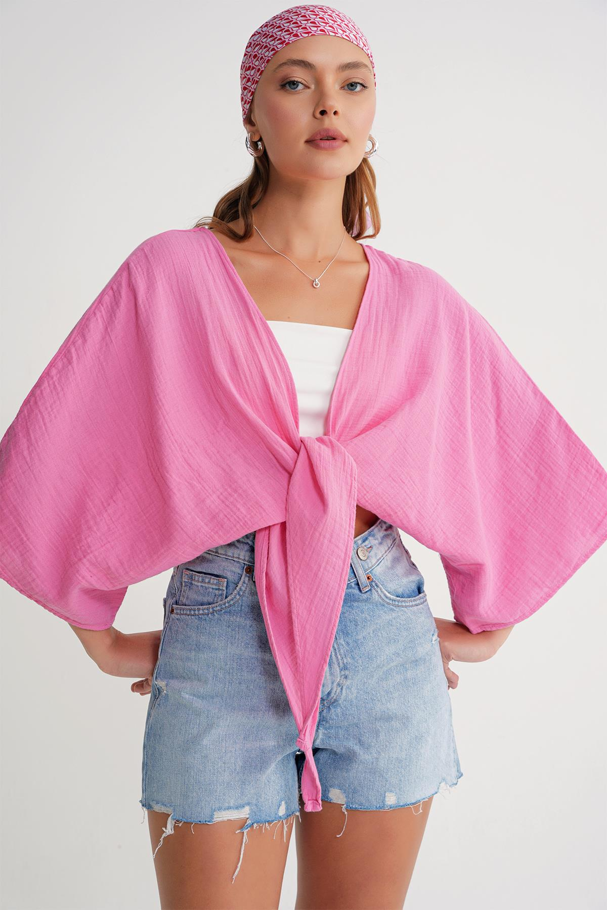 4723 Kadın Önü Bağlamalı Bolero Bluz Pembe