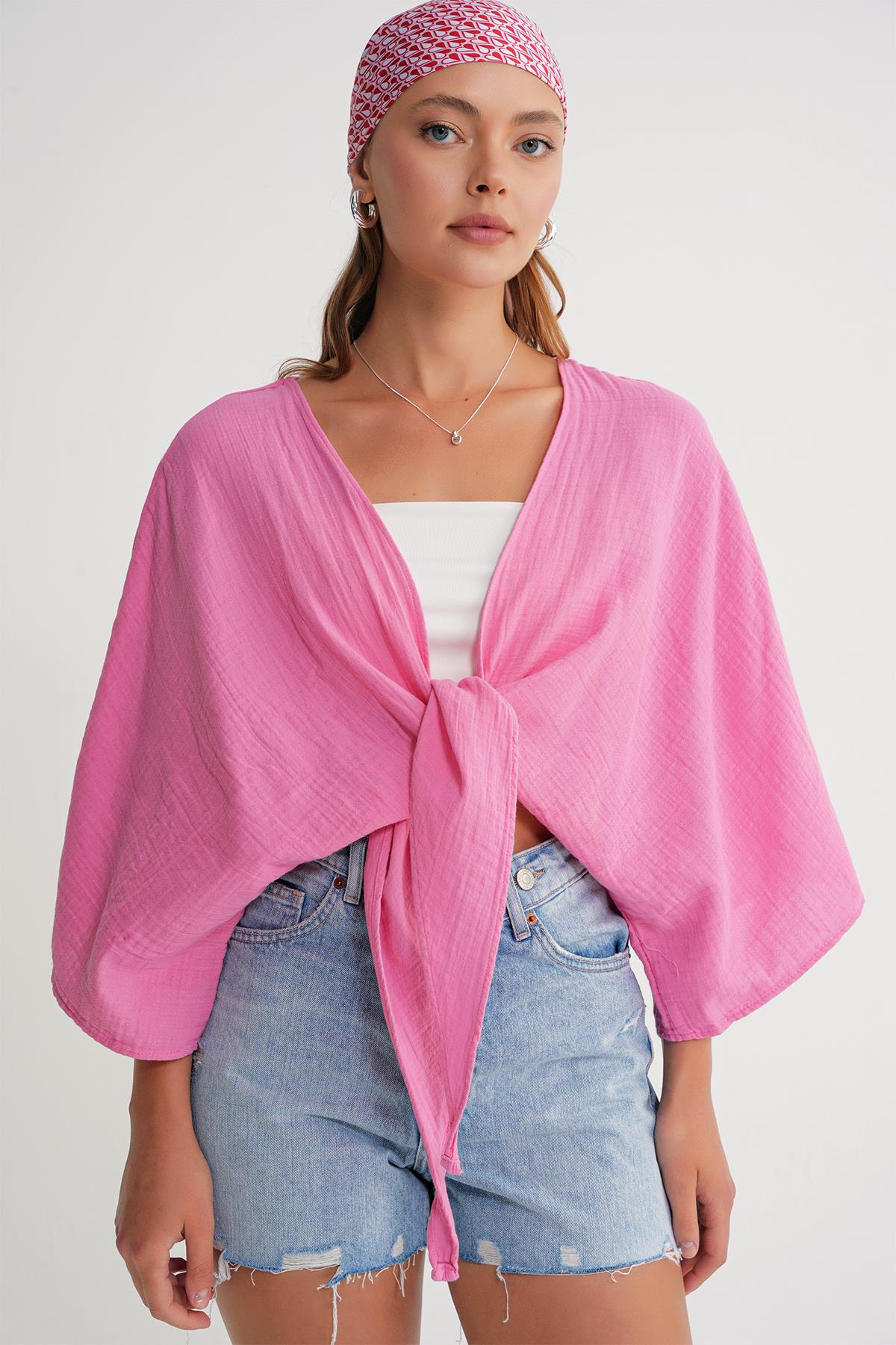 4723 Kadın Önü Bağlamalı Bolero Bluz Pembe