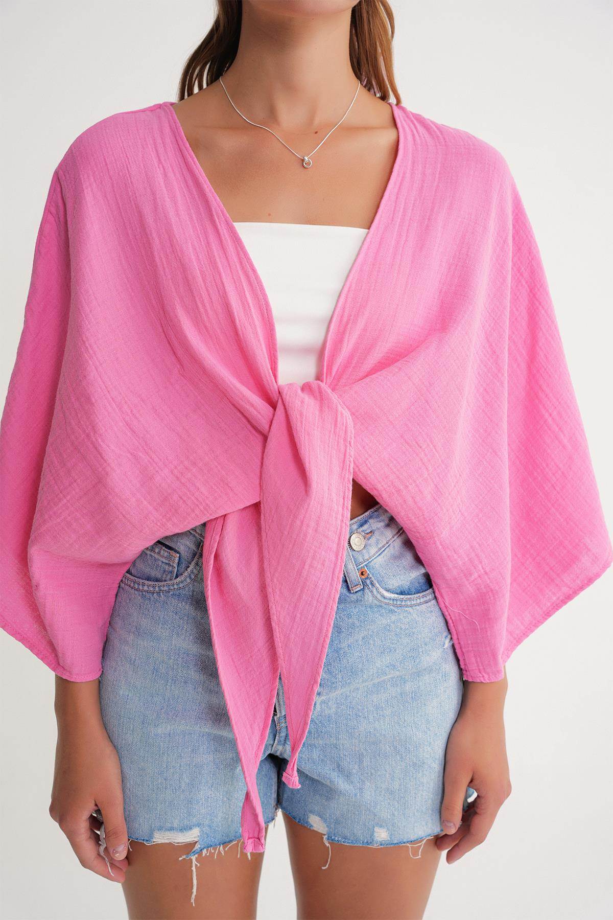 4723 Kadın Önü Bağlamalı Bolero Bluz Pembe
