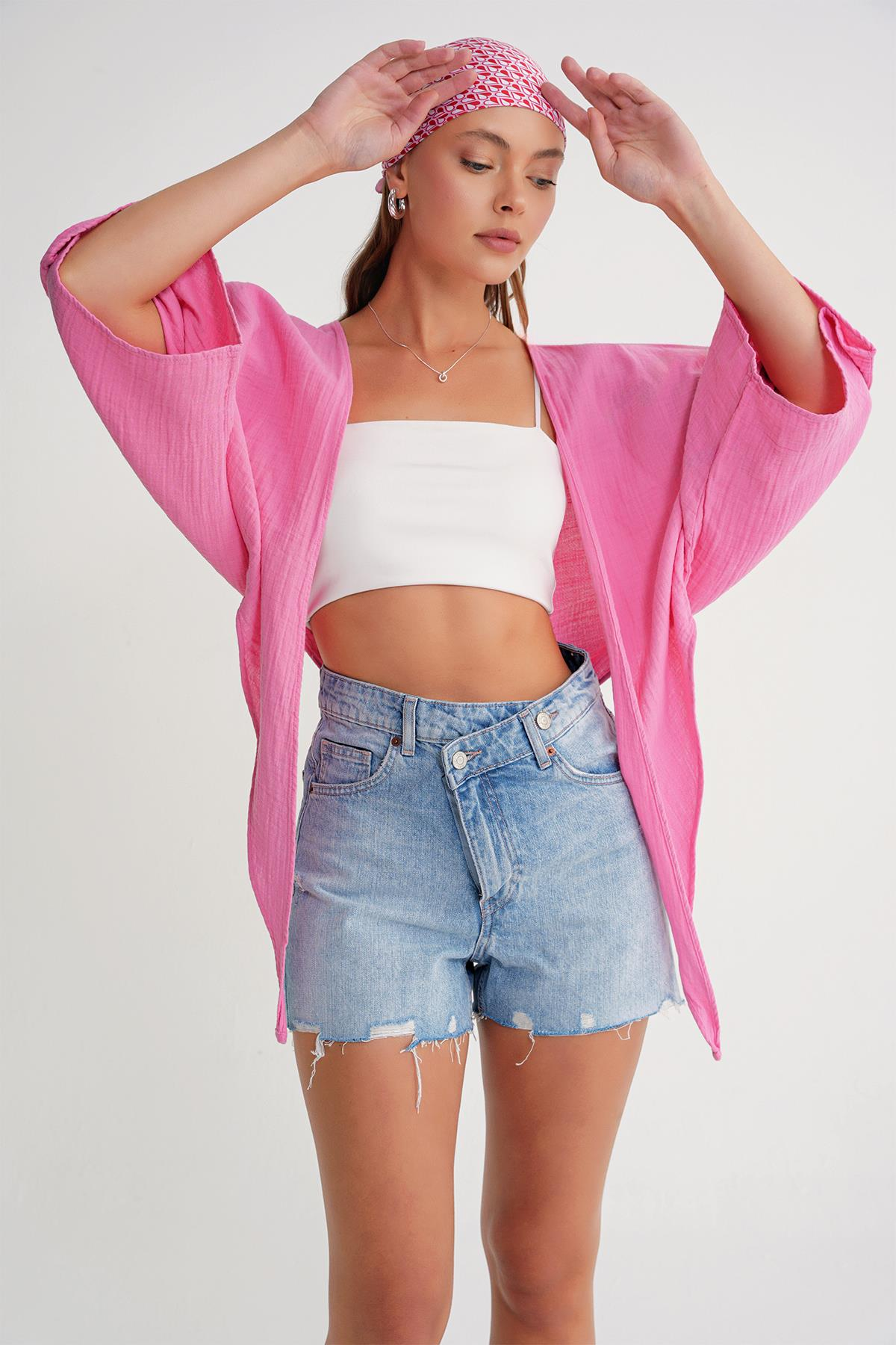 4723 Kadın Önü Bağlamalı Bolero Bluz Pembe