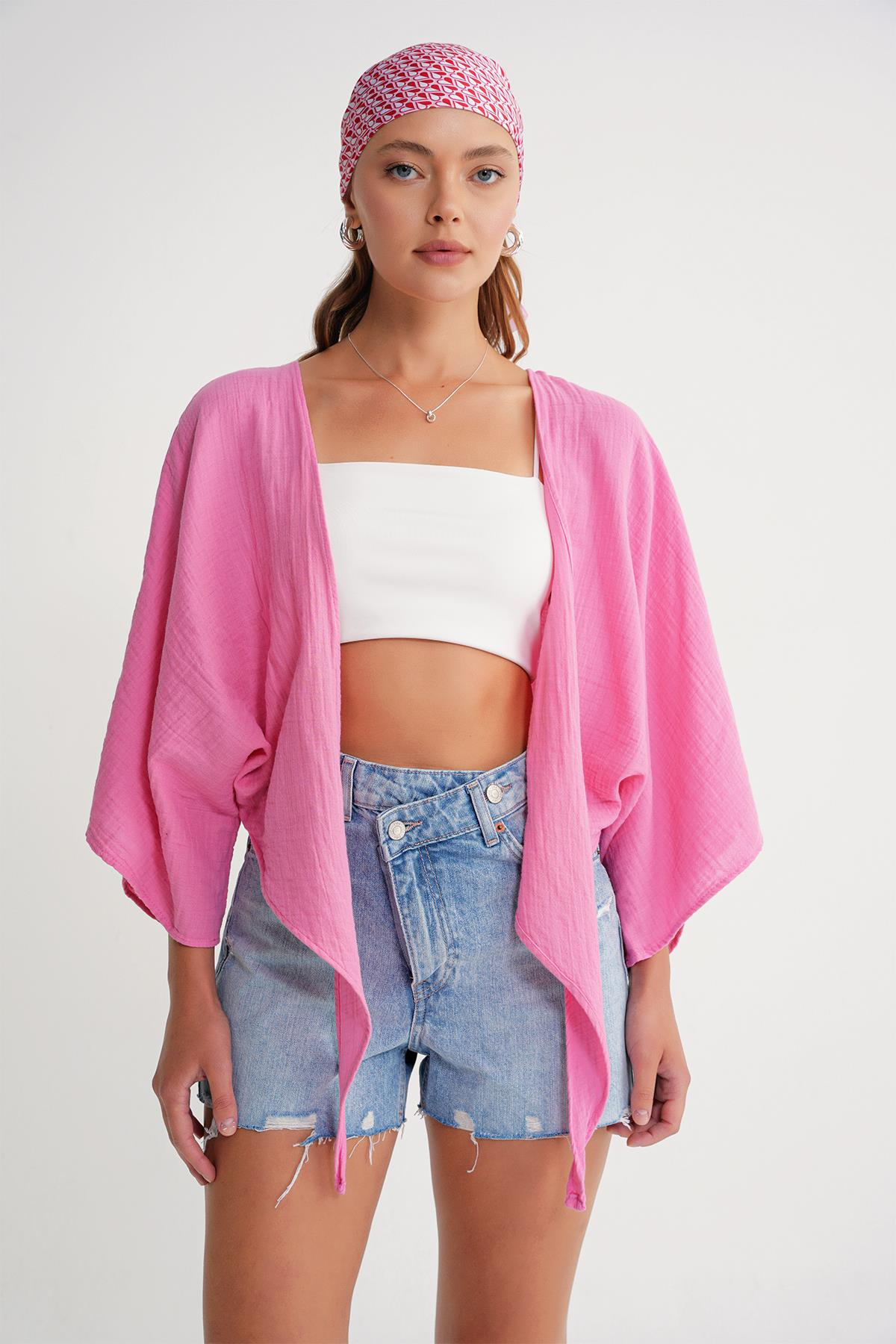 4723 Kadın Önü Bağlamalı Bolero Bluz Pembe