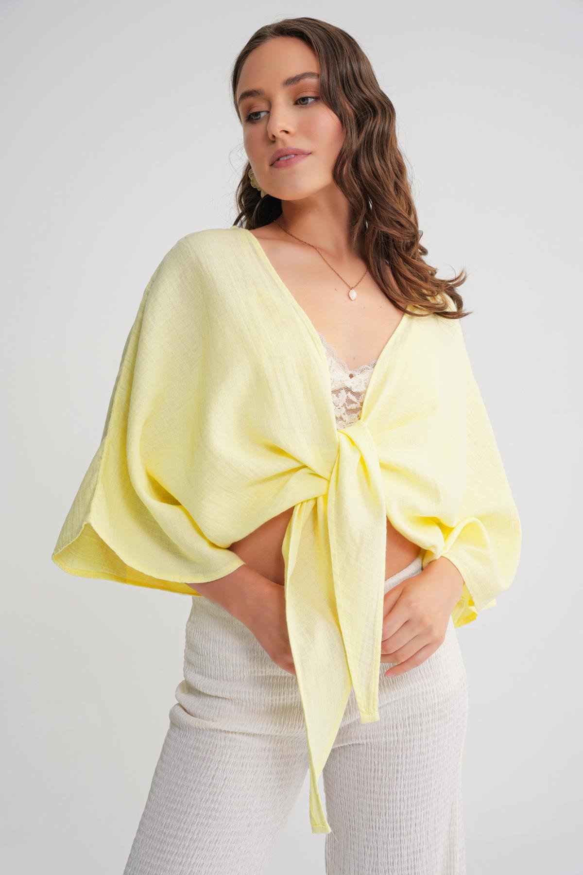4723 Kadın Önü Bağlamalı Bolero Bluz Sarı