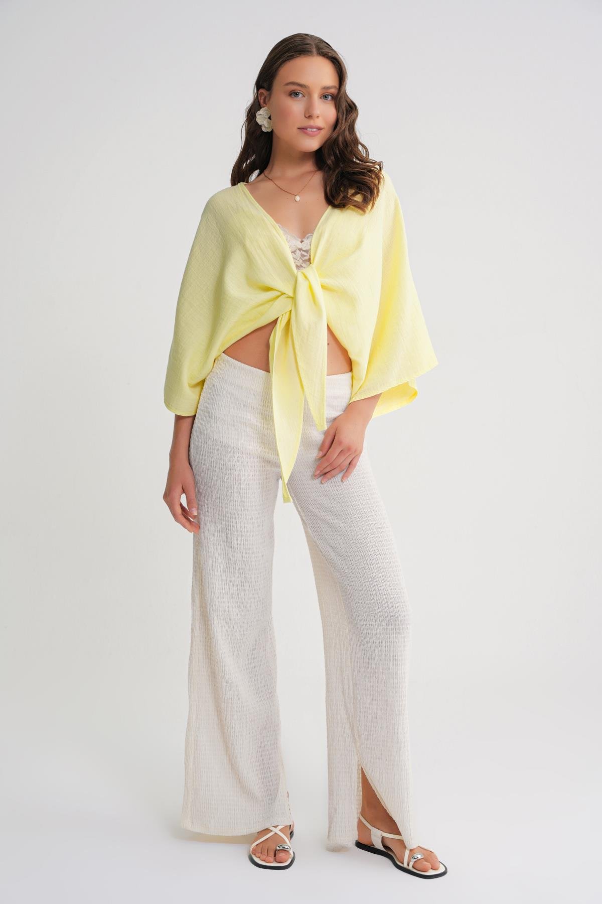 4723 Kadın Önü Bağlamalı Bolero Bluz Sarı