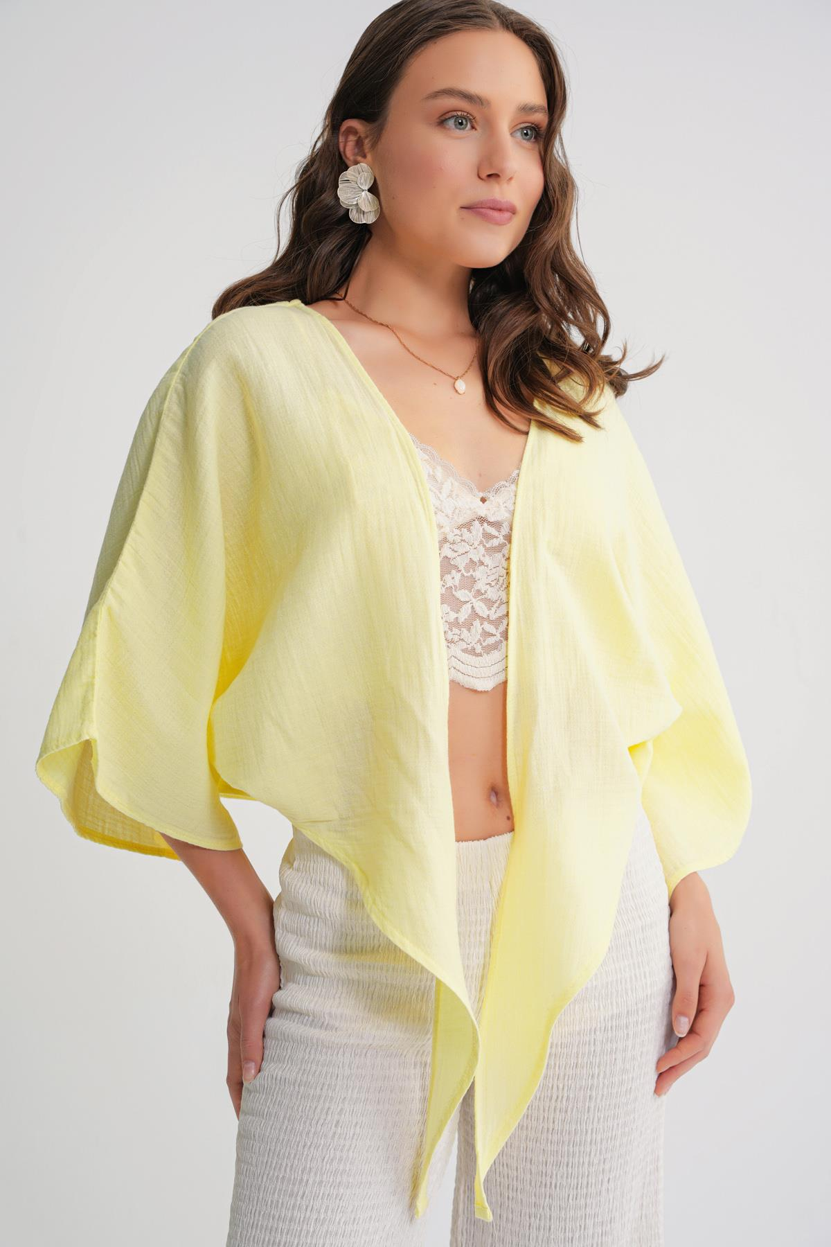 4723 Kadın Önü Bağlamalı Bolero Bluz Sarı