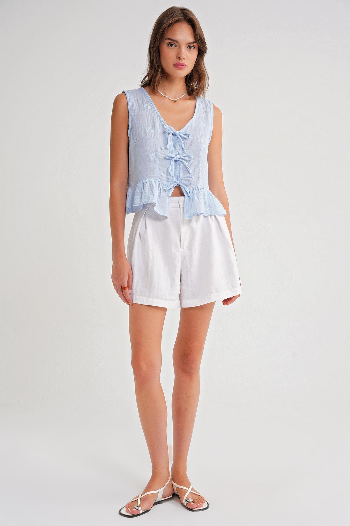 4724 Kadın Çicek Desenli Bağlamalı Müslin Bluz Bebe Mavi